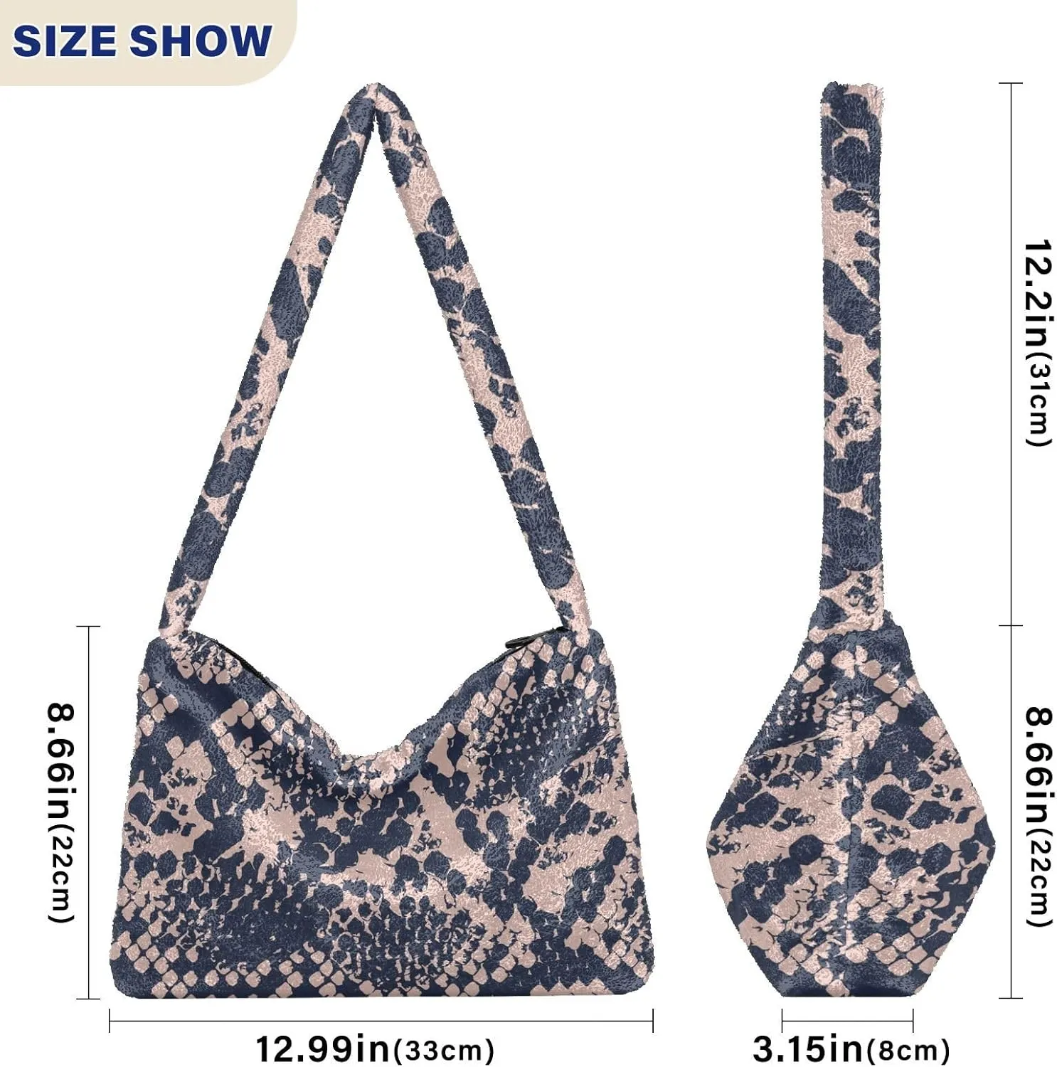 Snake Skin Gray Shoulder Tote Bags for Women Furry Crossbody bag with Zipper Hobo Handbag Purses for Teen Girls University