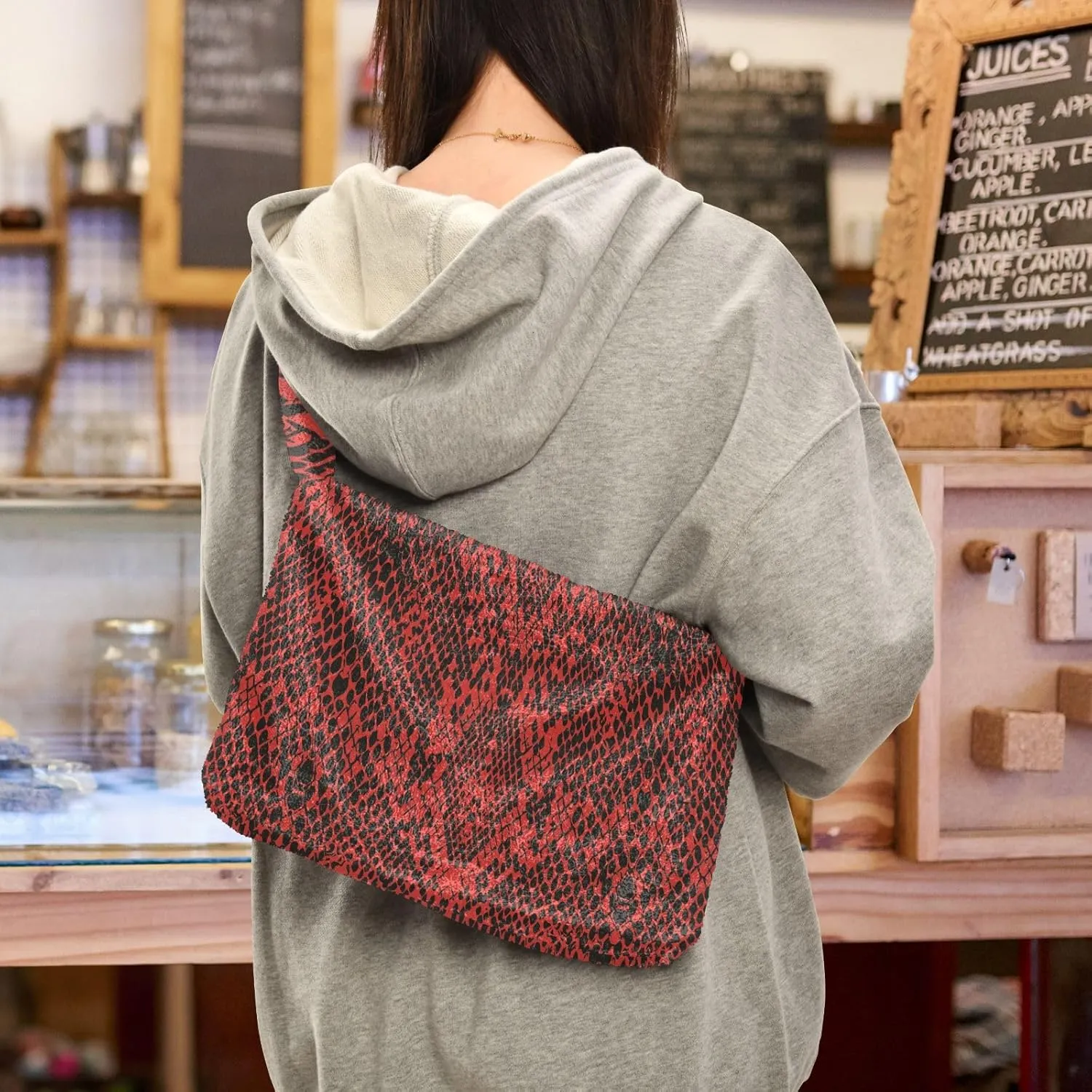 Snake Skin Gray Shoulder Tote Bags for Women Furry Crossbody bag with Zipper Hobo Handbag Purses for Teen Girls University
