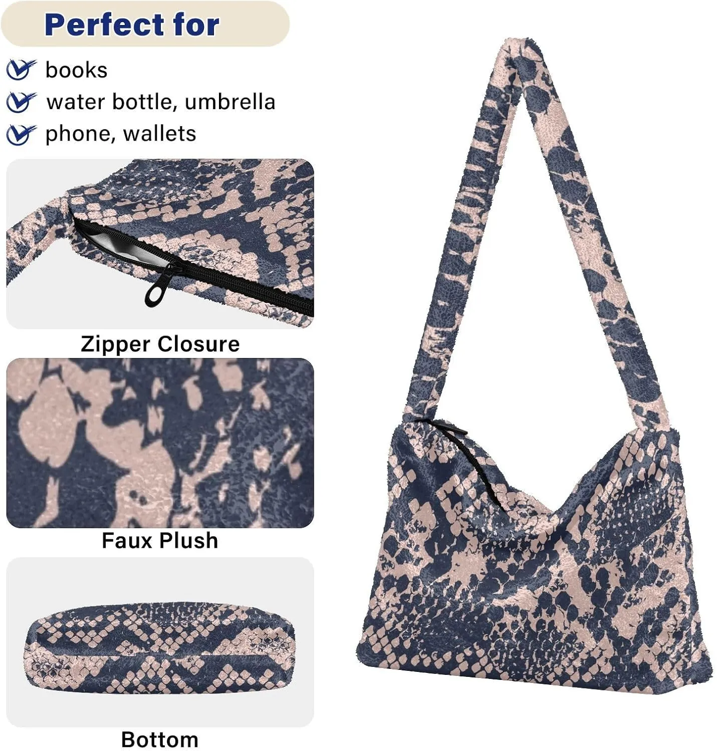 Snake Skin Gray Shoulder Tote Bags for Women Furry Crossbody bag with Zipper Hobo Handbag Purses for Teen Girls University