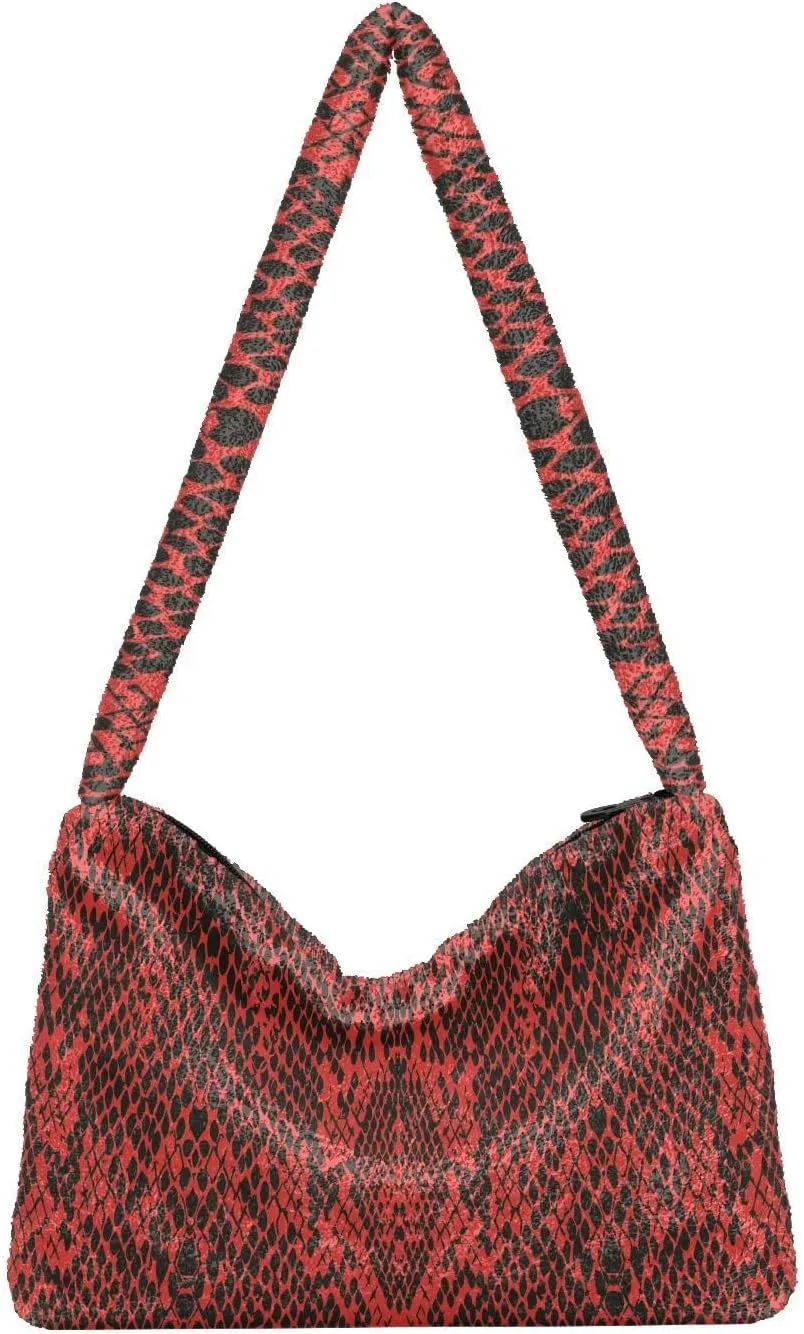 Snake Skin Gray Shoulder Tote Bags for Women Furry Crossbody bag with Zipper Hobo Handbag Purses for Teen Girls University