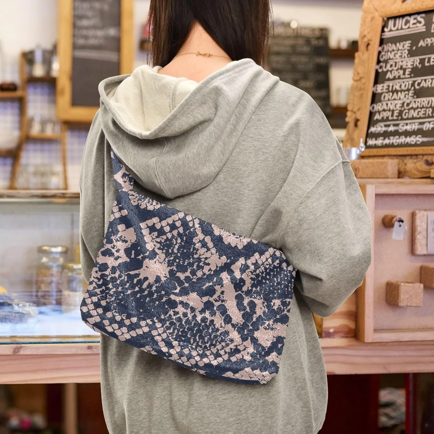 Snake Skin Gray Shoulder Tote Bags for Women Furry Crossbody bag with Zipper Hobo Handbag Purses for Teen Girls University