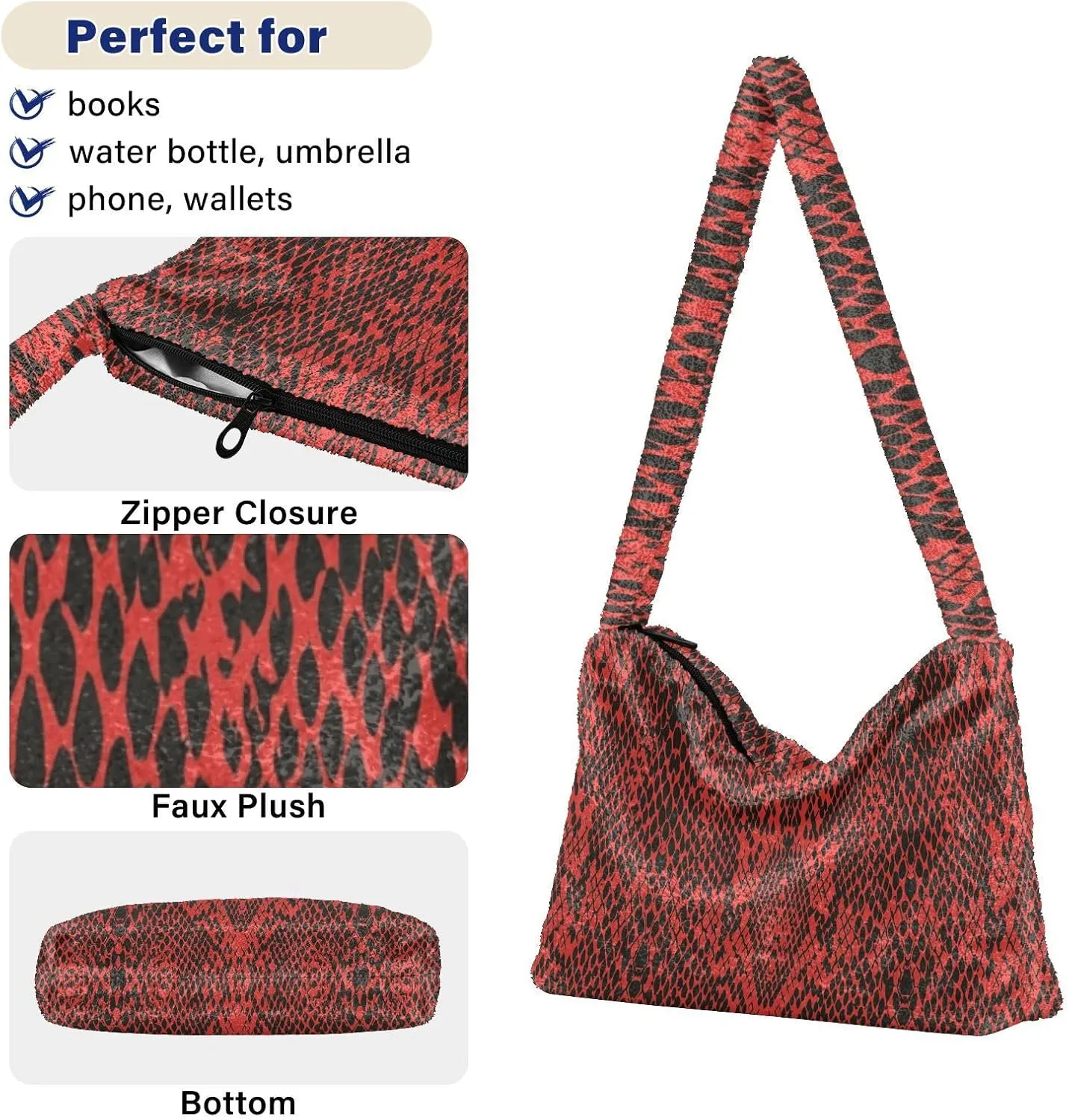 Snake Skin Gray Shoulder Tote Bags for Women Furry Crossbody bag with Zipper Hobo Handbag Purses for Teen Girls University