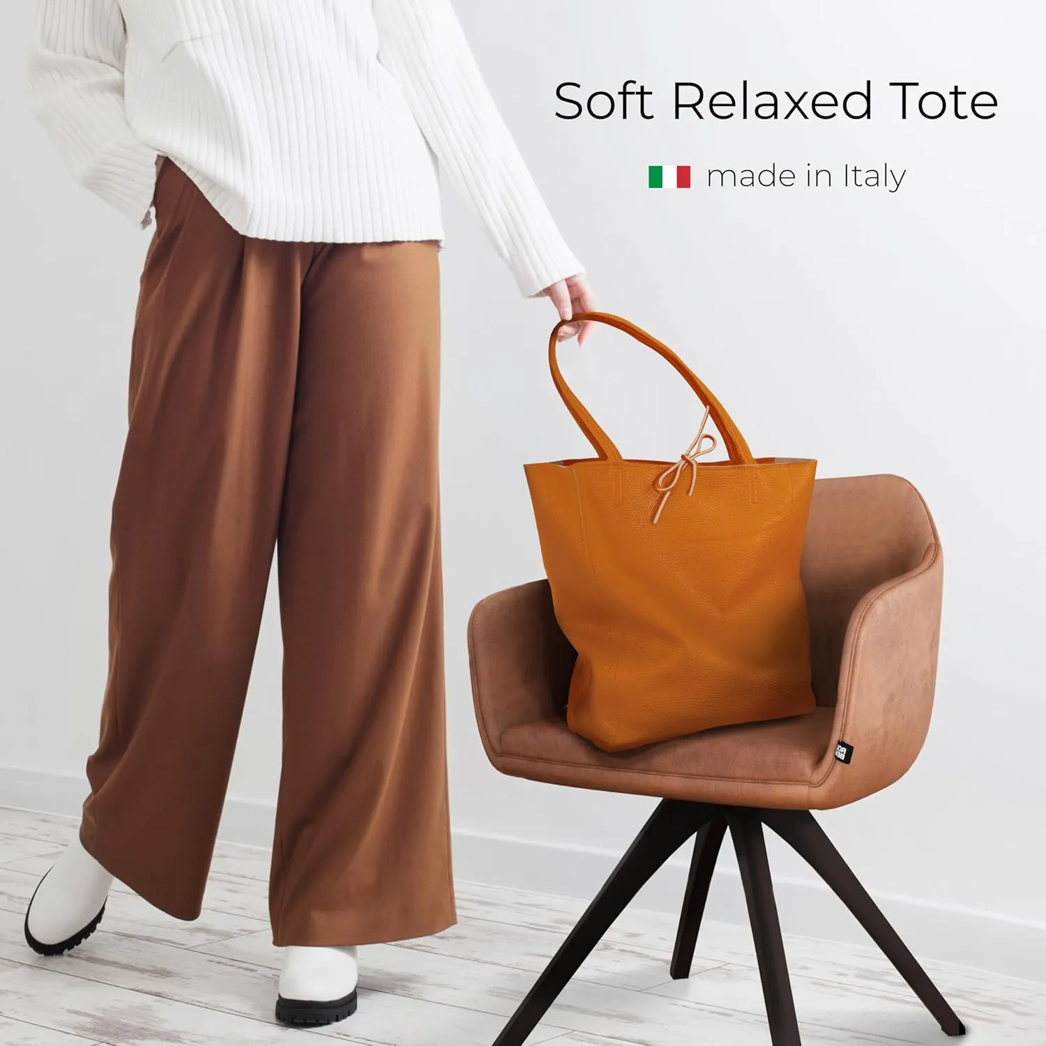 Soft Italian Genuine Calf Leather Tote Bag | Unstructured Unlined Shopper with Zipper, Inside Pocket & Flat Base