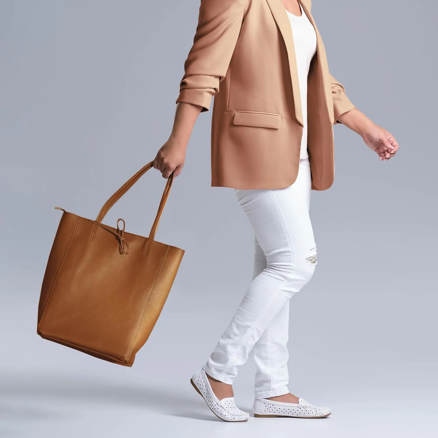 Soft Italian Genuine Calf Leather Tote Bag | Unstructured Unlined Shopper with Zipper, Inside Pocket & Flat Base