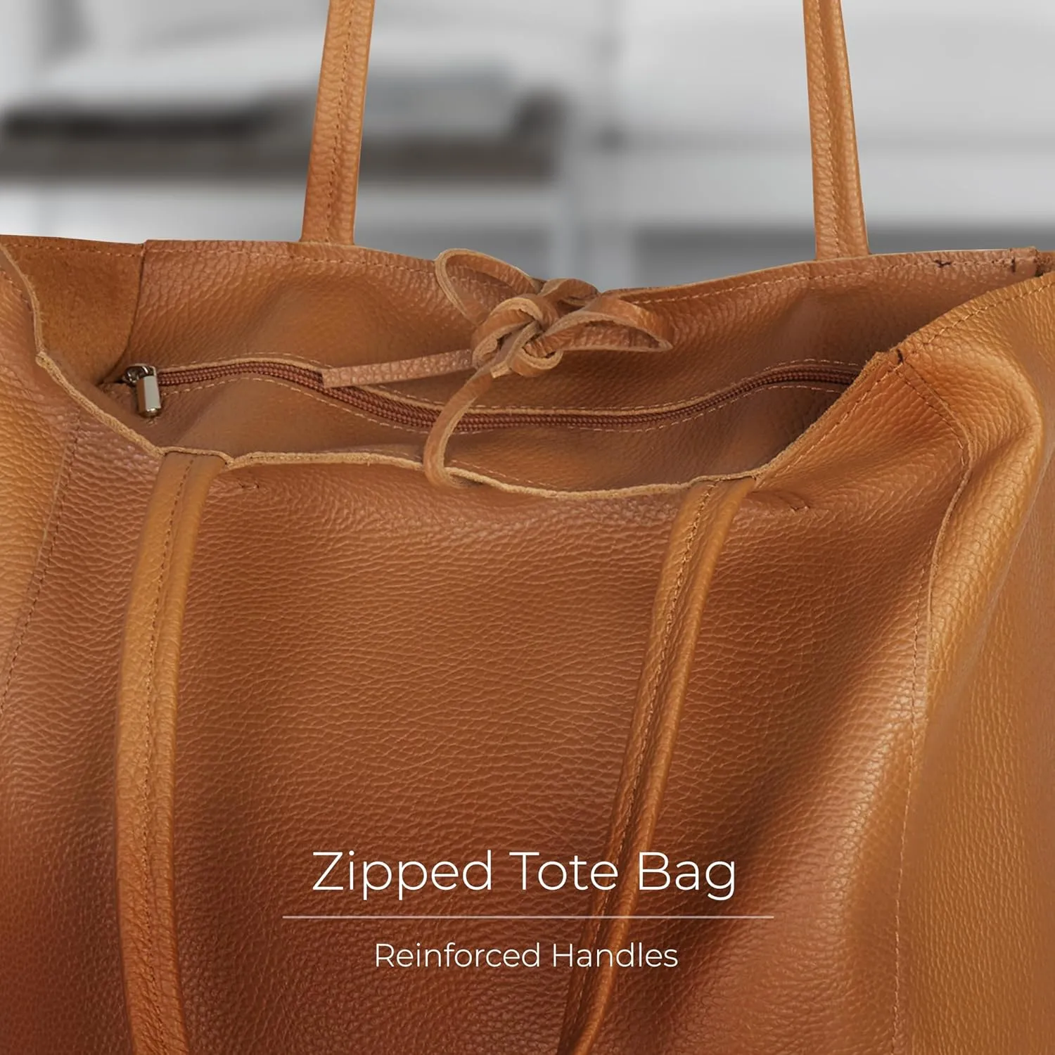 Soft Italian Genuine Calf Leather Tote Bag | Unstructured Unlined Shopper with Zipper, Inside Pocket & Flat Base