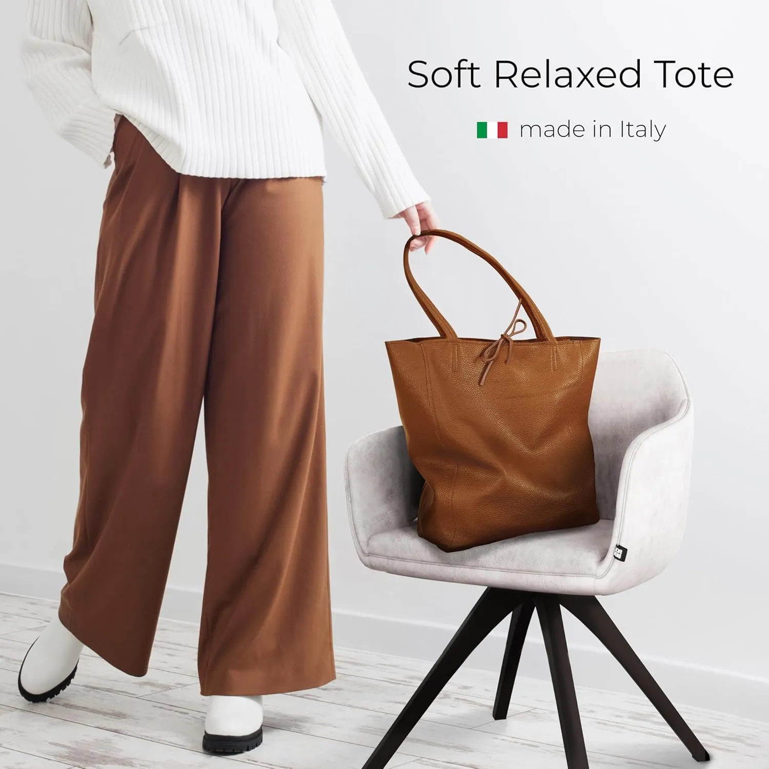 Soft Italian Genuine Calf Leather Tote Bag | Unstructured Unlined Shopper with Zipper, Inside Pocket & Flat Base