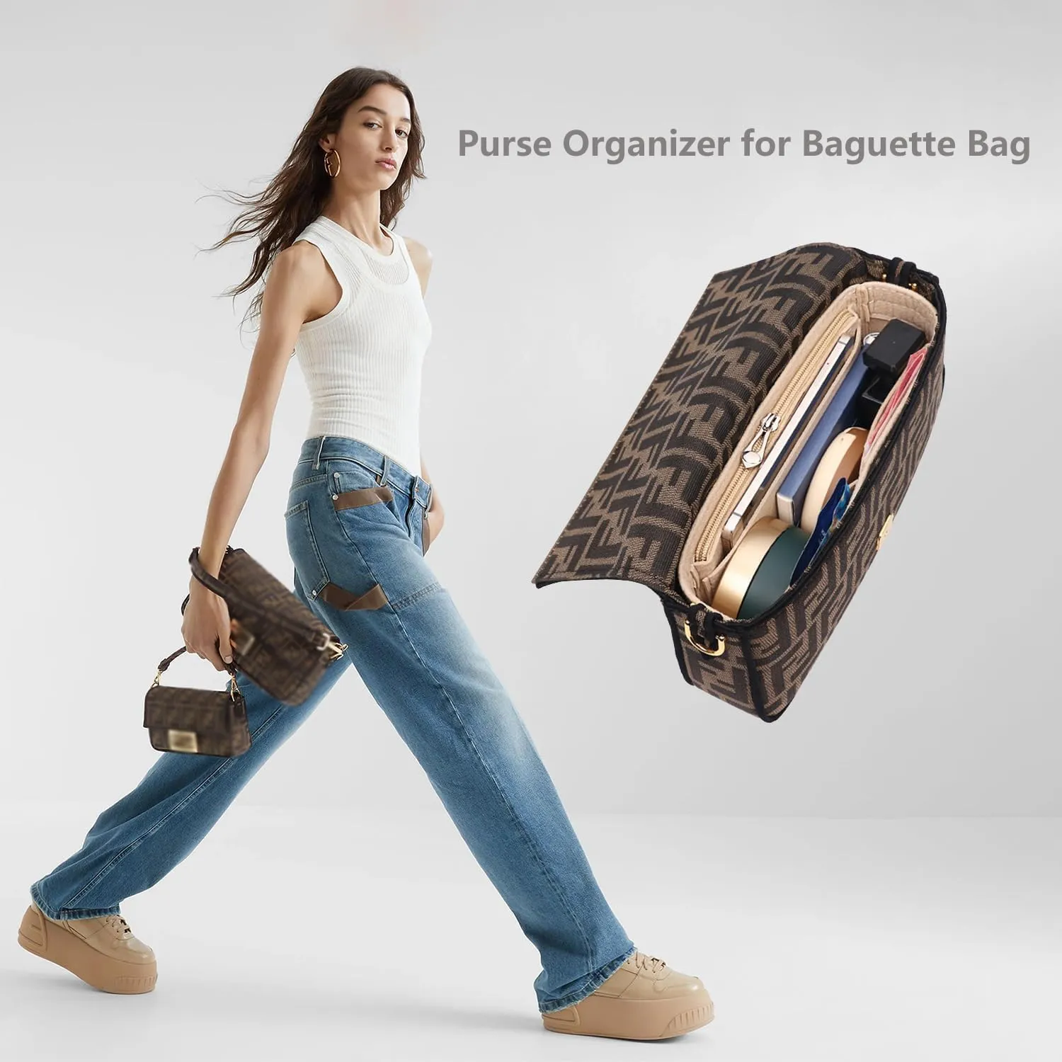 Softened Felt Purse Organizer Insert for Tote, Baguette, Longchamp Handbags Lightweight Bag Organizer with Zipper & Multiple Pockets (Mini,Dark grey)
