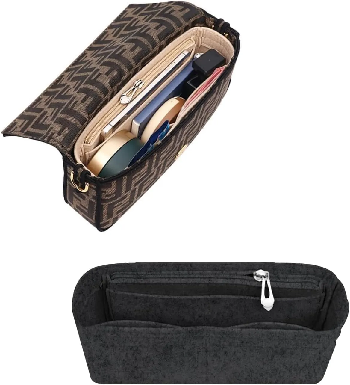 Softened Felt Purse Organizer Insert for Tote, Baguette, Longchamp Handbags Lightweight Bag Organizer with Zipper & Multiple Pockets (Mini,Dark grey)