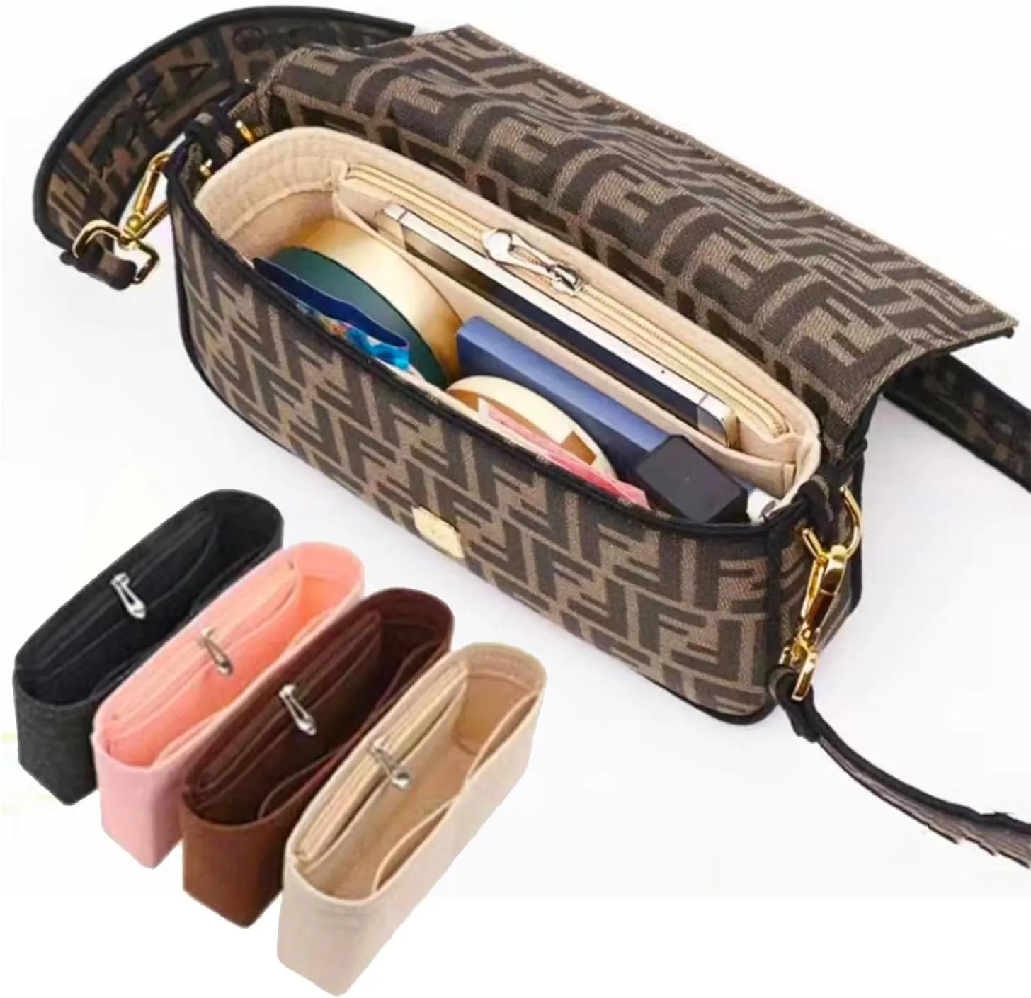 Softened Felt Purse Organizer Insert for Tote, Baguette, Longchamp Handbags Lightweight Bag Organizer with Zipper & Multiple Pockets (Mini,Dark grey)