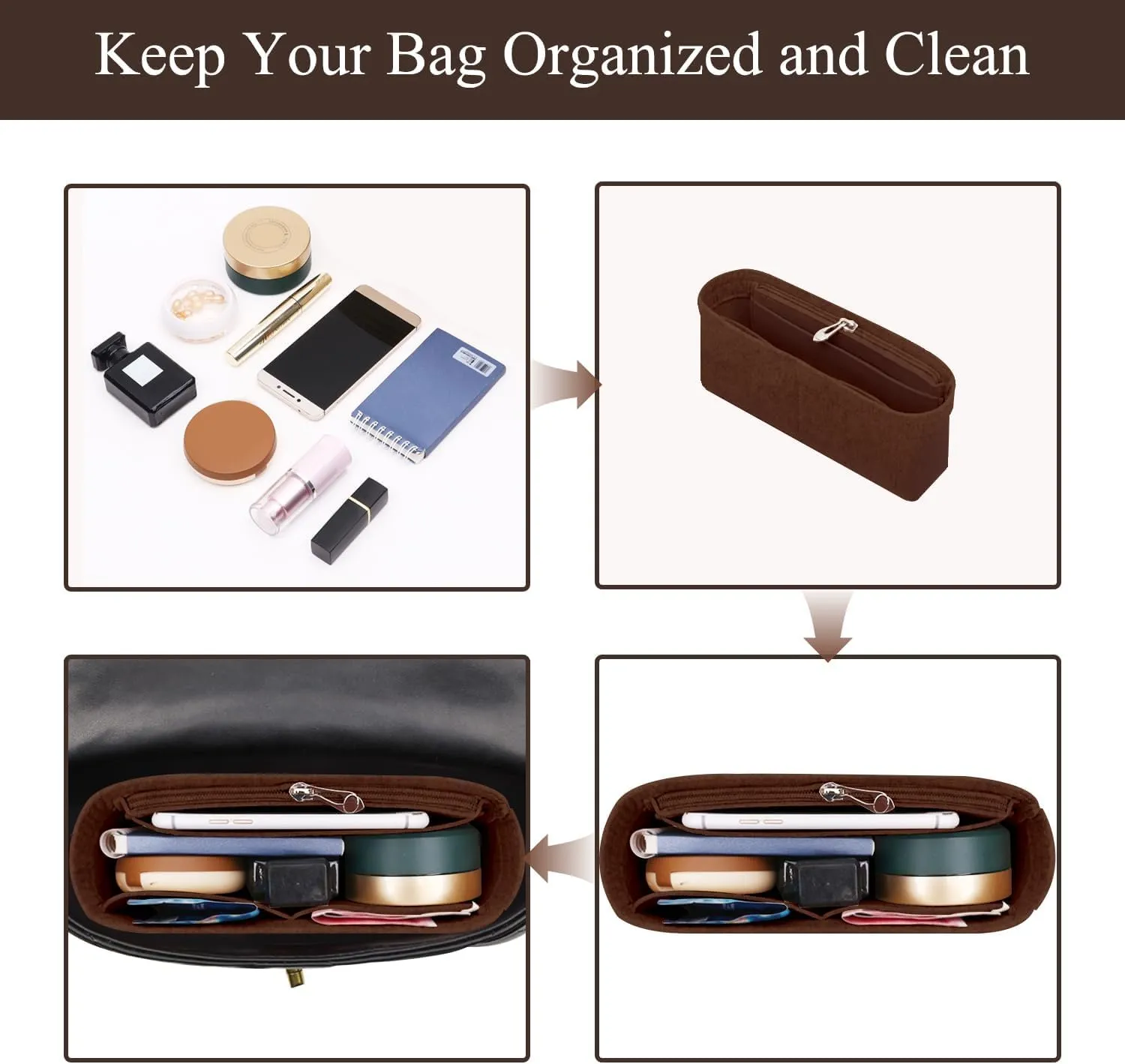 Softened Felt Purse Organizer Insert for Tote, Baguette, Longchamp Handbags Lightweight Bag Organizer with Zipper & Multiple Pockets (Mini,Dark grey)