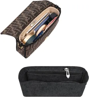 Softened Felt Purse Organizer Insert for Tote, Baguette, Longchamp Handbags Lightweight Bag Organizer with Zipper & Multiple Pockets (Mini,Dark grey)