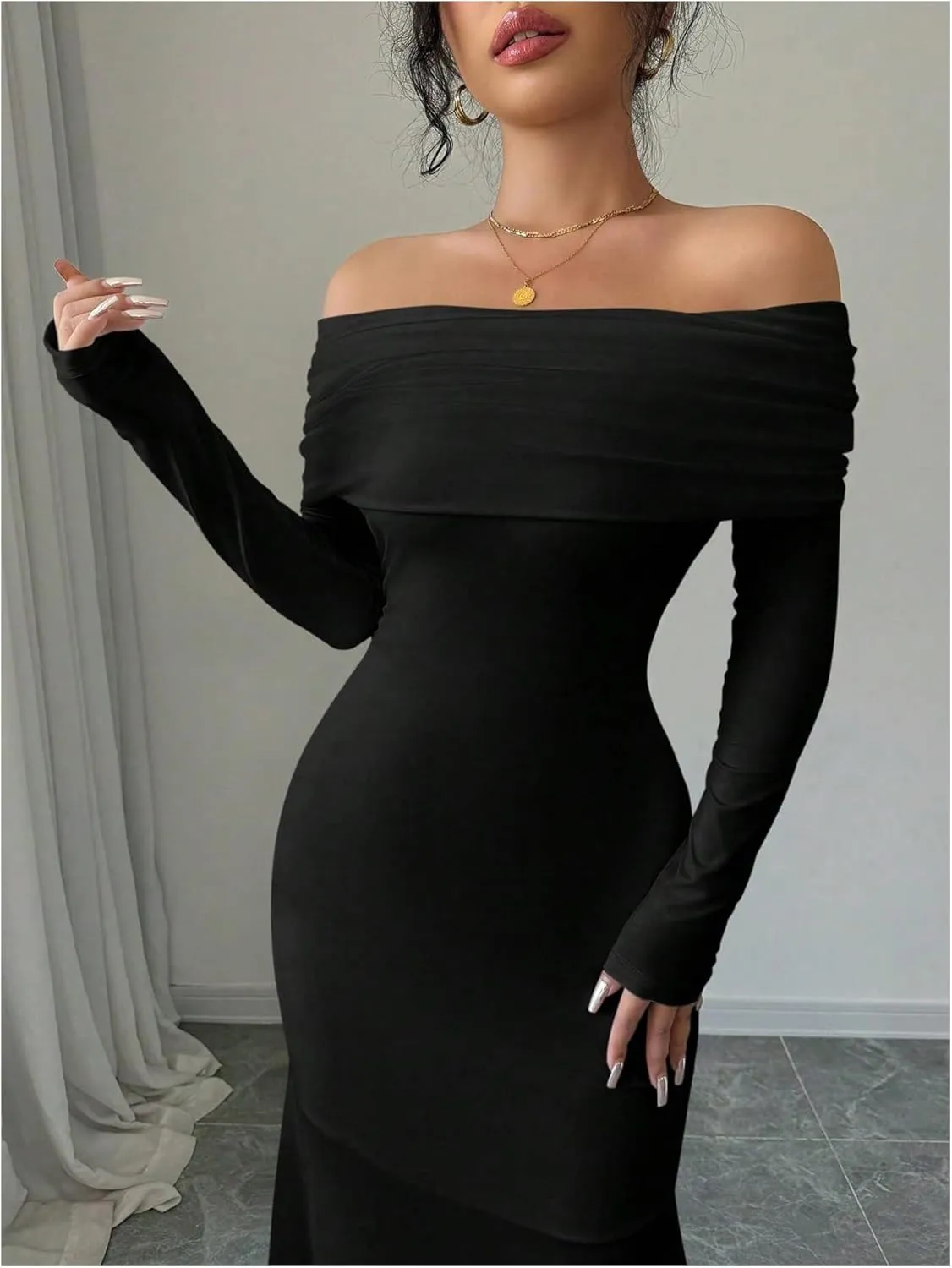 SOLY HUX Women's Long Sleeve Off The Shoulder Bodycon Dress Elegant Maxi Dress Cocktail Prom Dresses