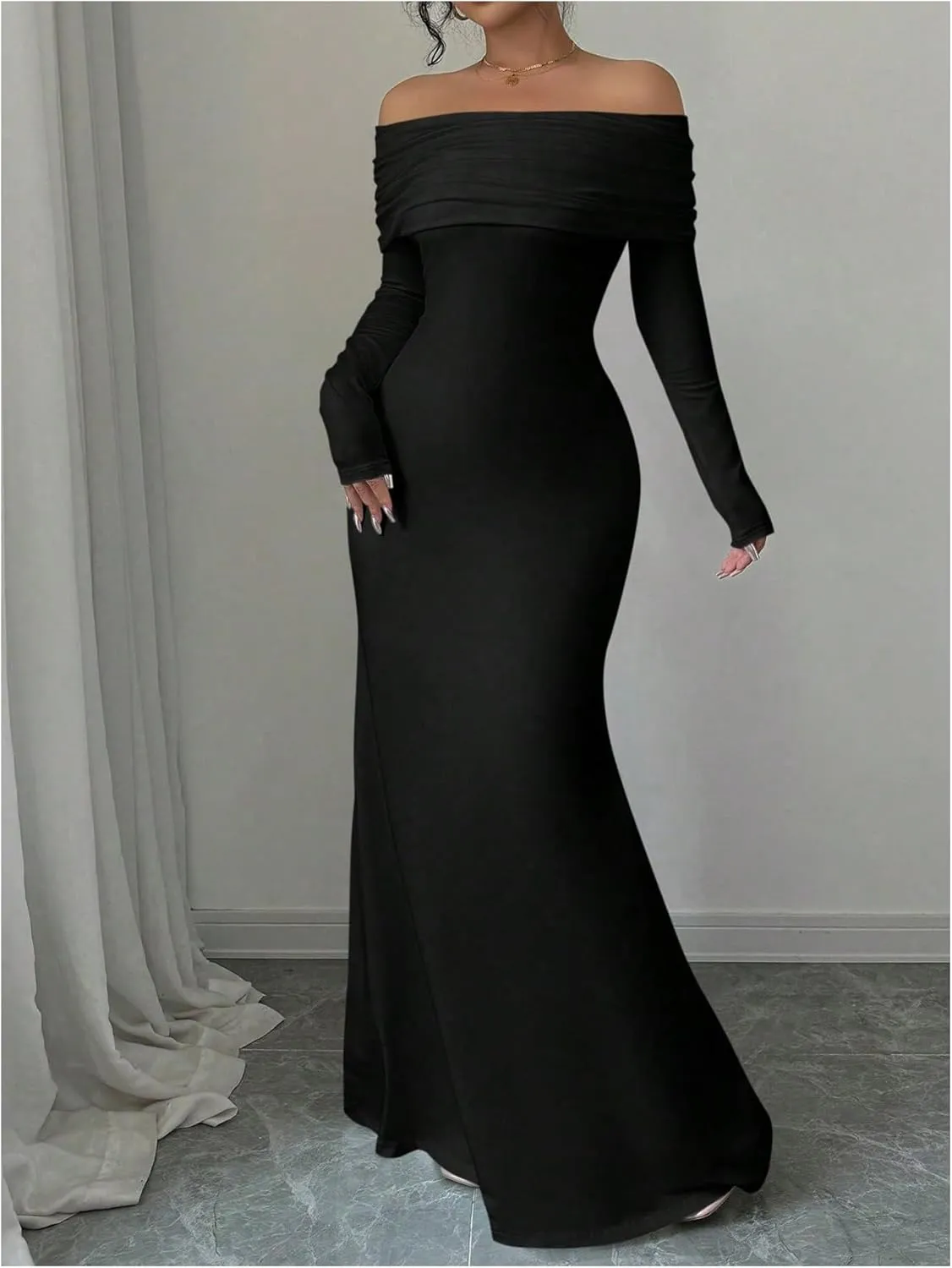 SOLY HUX Women's Long Sleeve Off The Shoulder Bodycon Dress Elegant Maxi Dress Cocktail Prom Dresses