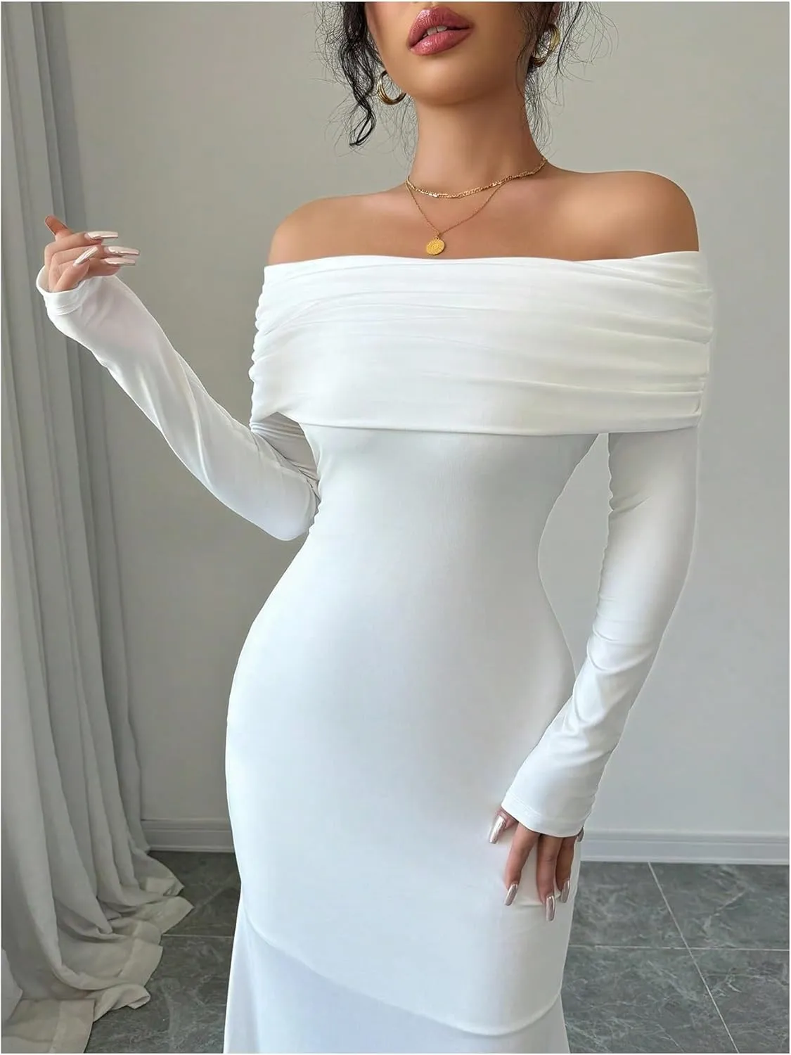 SOLY HUX Women's Long Sleeve Off The Shoulder Bodycon Dress Elegant Maxi Dress Cocktail Prom Dresses