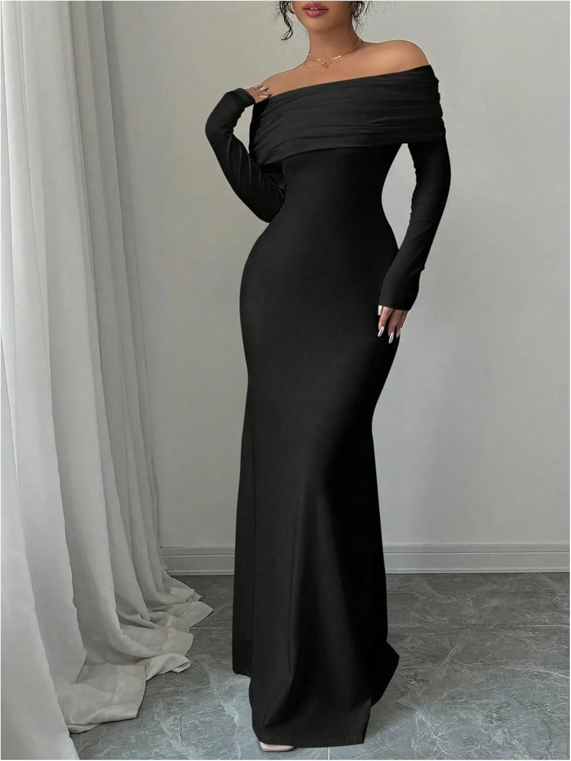 SOLY HUX Women's Long Sleeve Off The Shoulder Bodycon Dress Elegant Maxi Dress Cocktail Prom Dresses