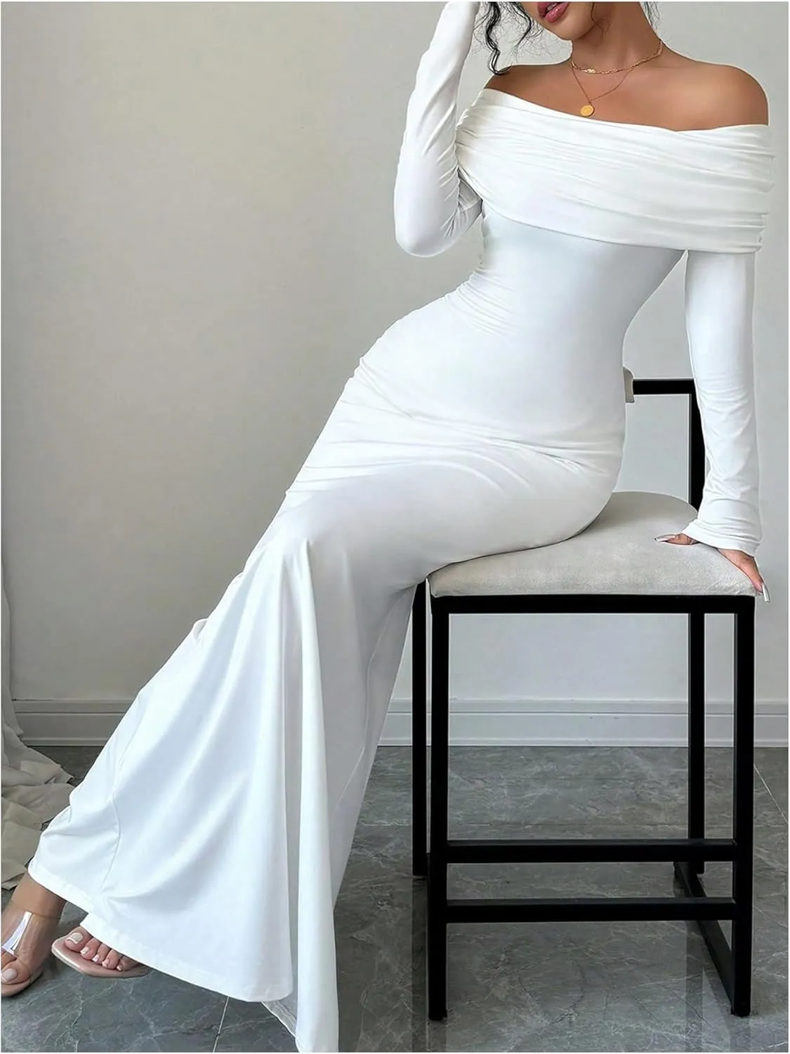 SOLY HUX Women's Long Sleeve Off The Shoulder Bodycon Dress Elegant Maxi Dress Cocktail Prom Dresses