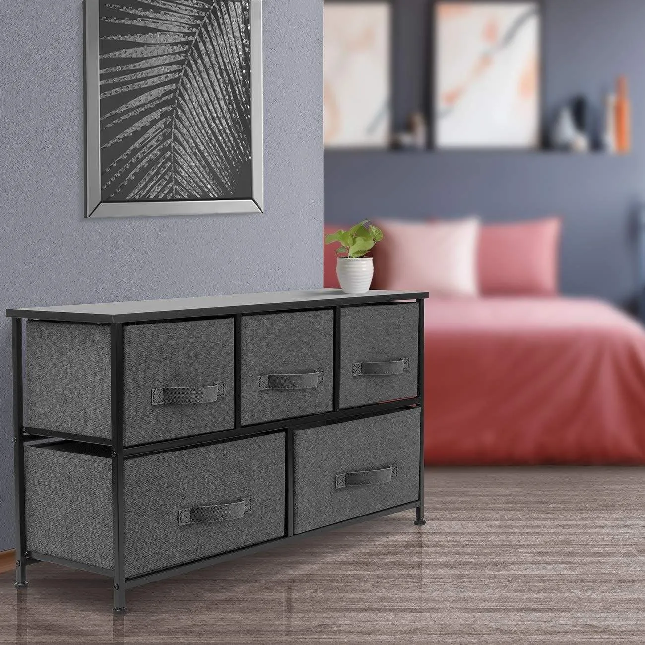 Sorbus Dresser with Drawers - Furniture Storage Tower Unit for Bedroom, Hallway, Closet, Office Organization - Steel Frame, Wood Top, Easy Pull Fabric Bins (5-Drawer, Black/Charcoal)