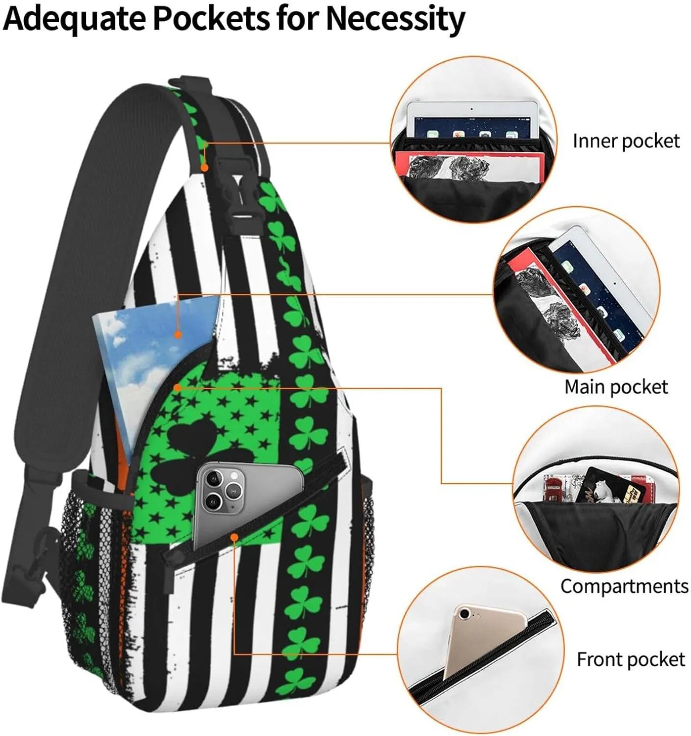 St Patrick's Day Irish Flag Shamrock Clover Sling Bag Crossbody Bag Casual Chest Bags Travel Shoulder Backpack