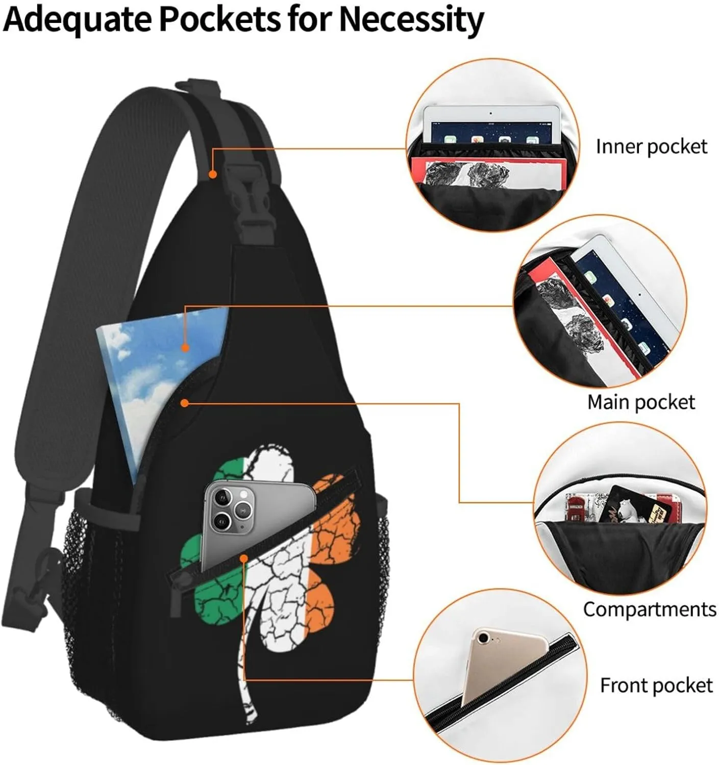 St Patrick's Day Irish Flag Shamrock Clover Sling Bag Crossbody Bag Casual Chest Bags Travel Shoulder Backpack