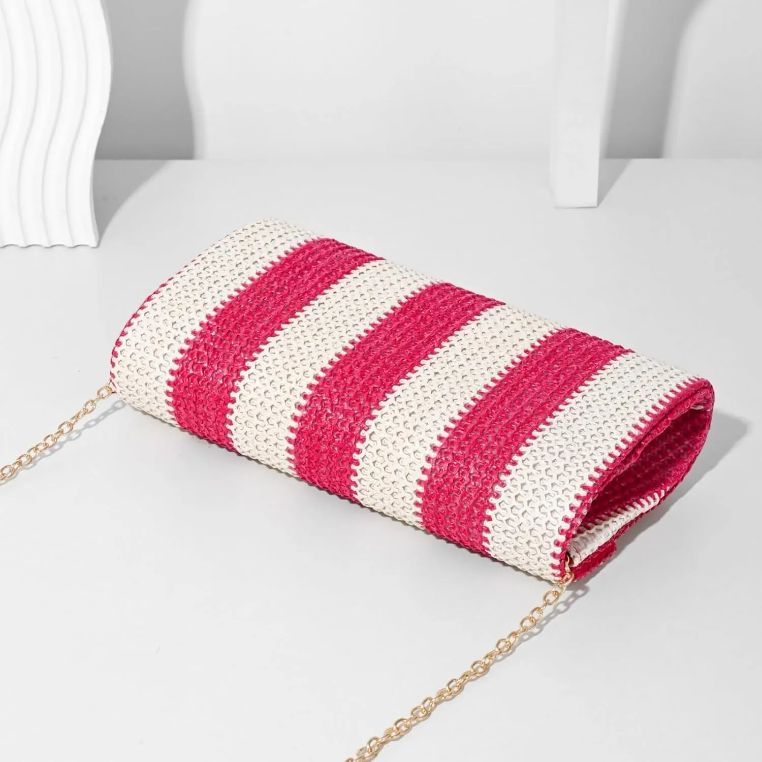 Straw Clutch Bag Women Summer Woven Handbag Striped Chain Crossbody Envelope Shoulder Boho Beach Evening Party Purse