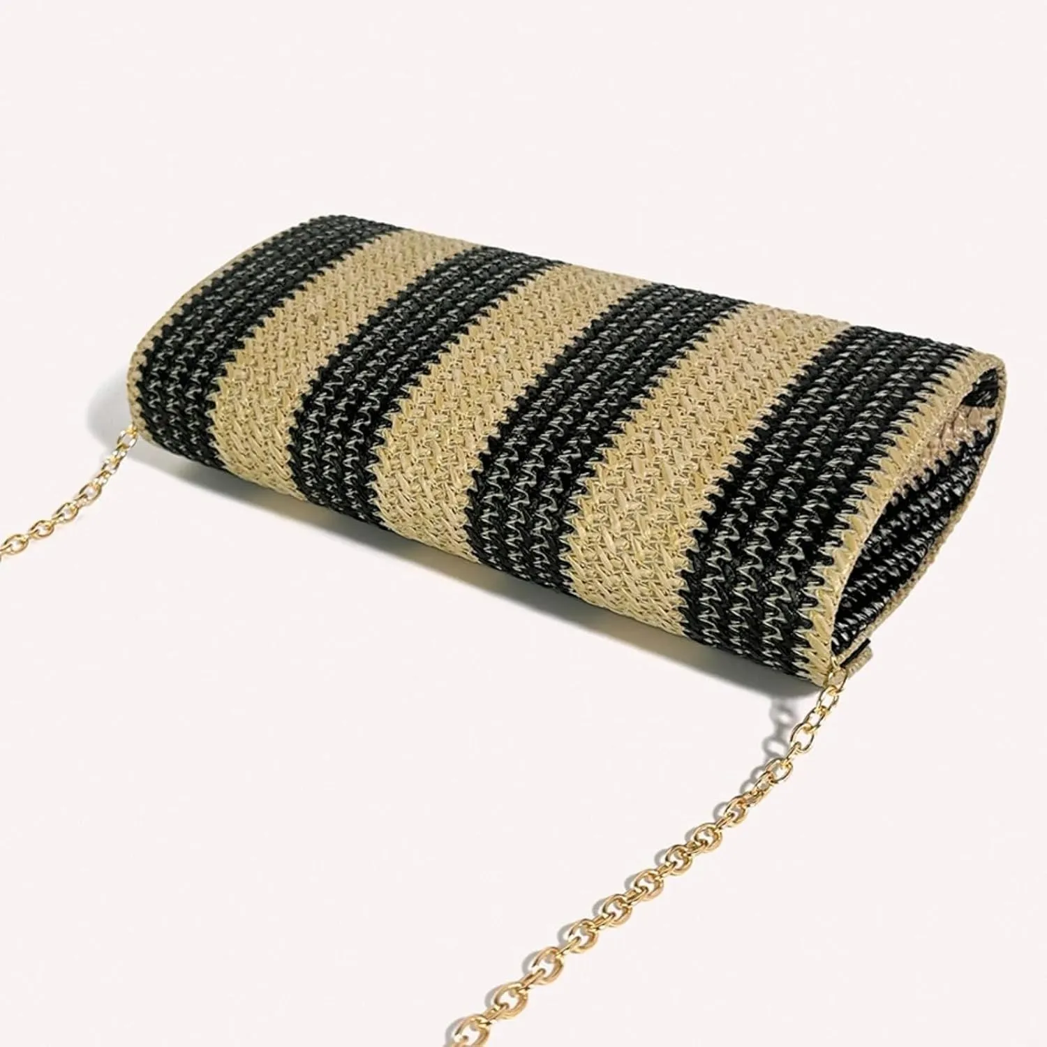 Straw Clutch Bag Women Summer Woven Handbag Striped Chain Crossbody Envelope Shoulder Boho Beach Evening Party Purse