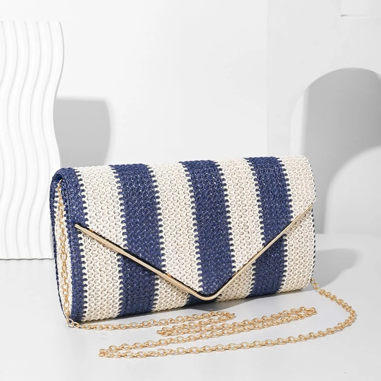 Straw Clutch Bag Women Summer Woven Handbag Striped Chain Crossbody Envelope Shoulder Boho Beach Evening Party Purse