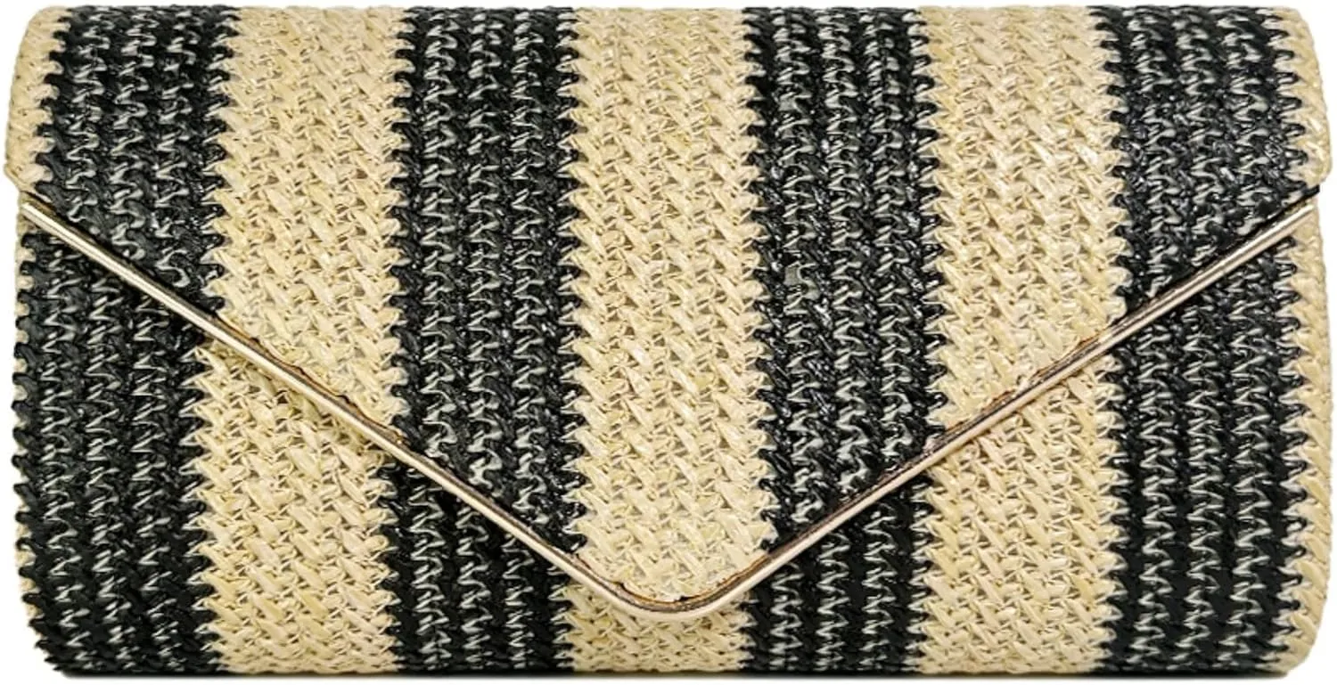 Straw Clutch Bag Women Summer Woven Handbag Striped Chain Crossbody Envelope Shoulder Boho Beach Evening Party Purse