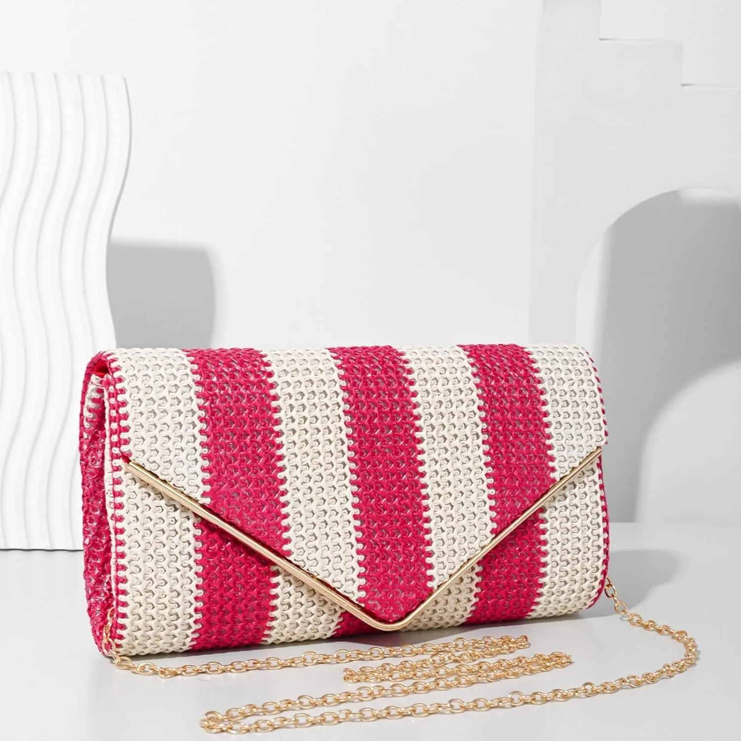 Straw Clutch Bag Women Summer Woven Handbag Striped Chain Crossbody Envelope Shoulder Boho Beach Evening Party Purse