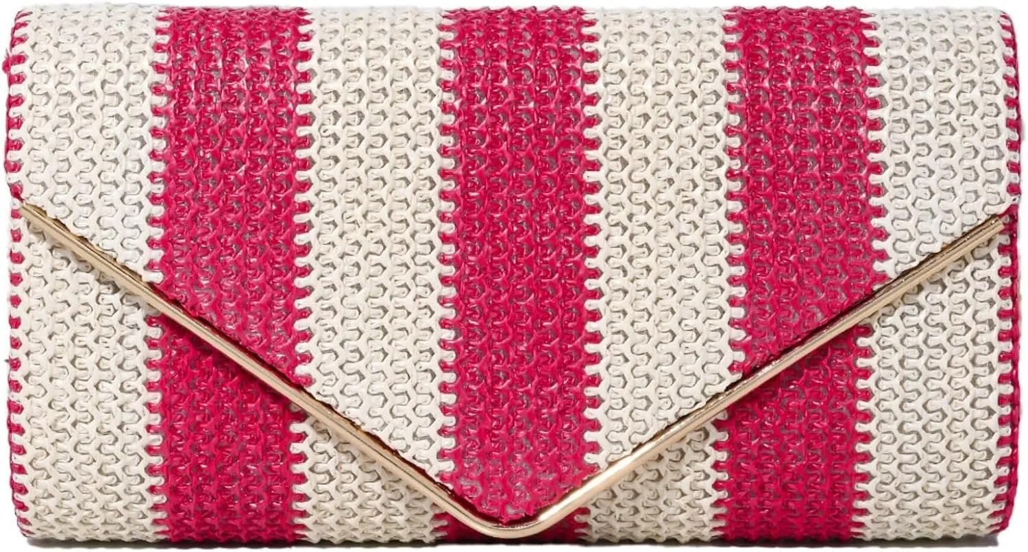 Straw Clutch Bag Women Summer Woven Handbag Striped Chain Crossbody Envelope Shoulder Boho Beach Evening Party Purse