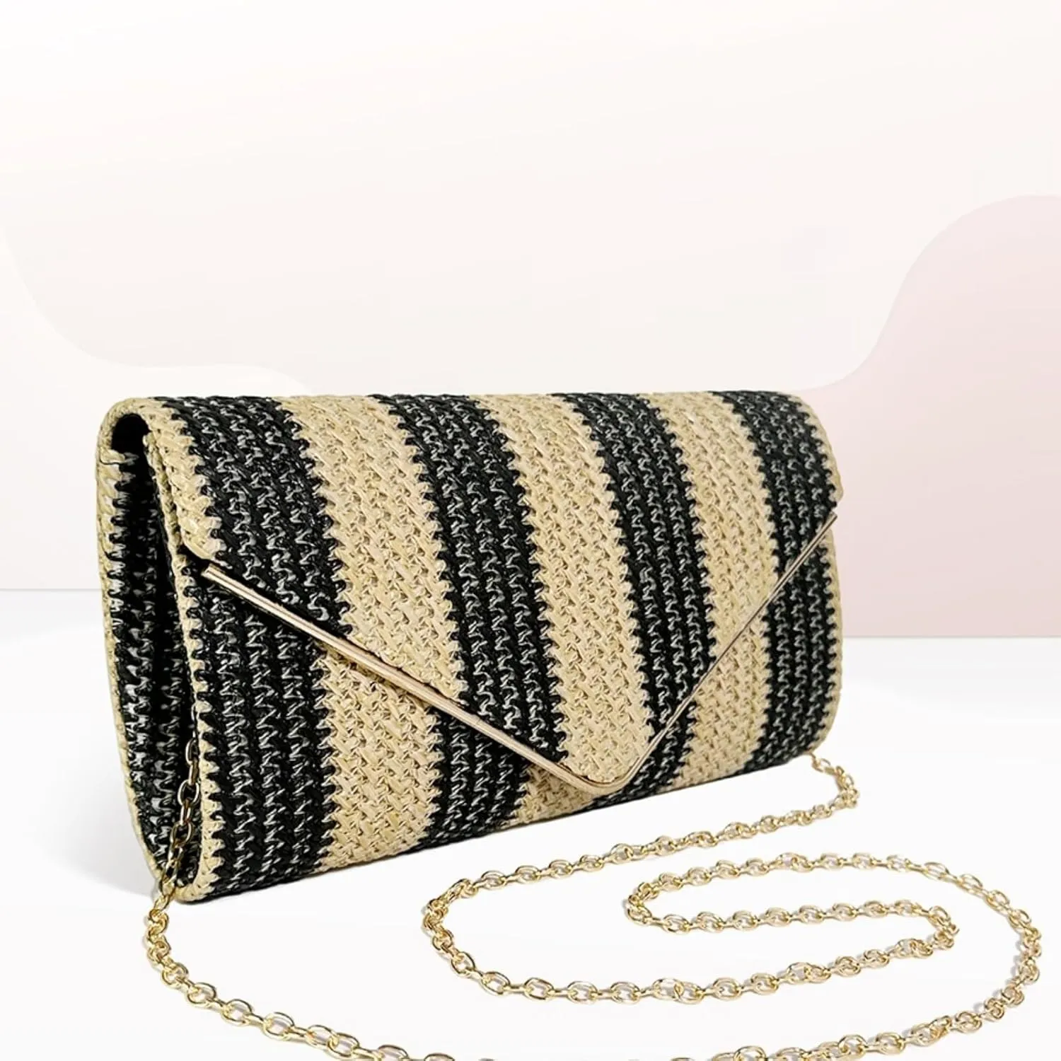 Straw Clutch Bag Women Summer Woven Handbag Striped Chain Crossbody Envelope Shoulder Boho Beach Evening Party Purse