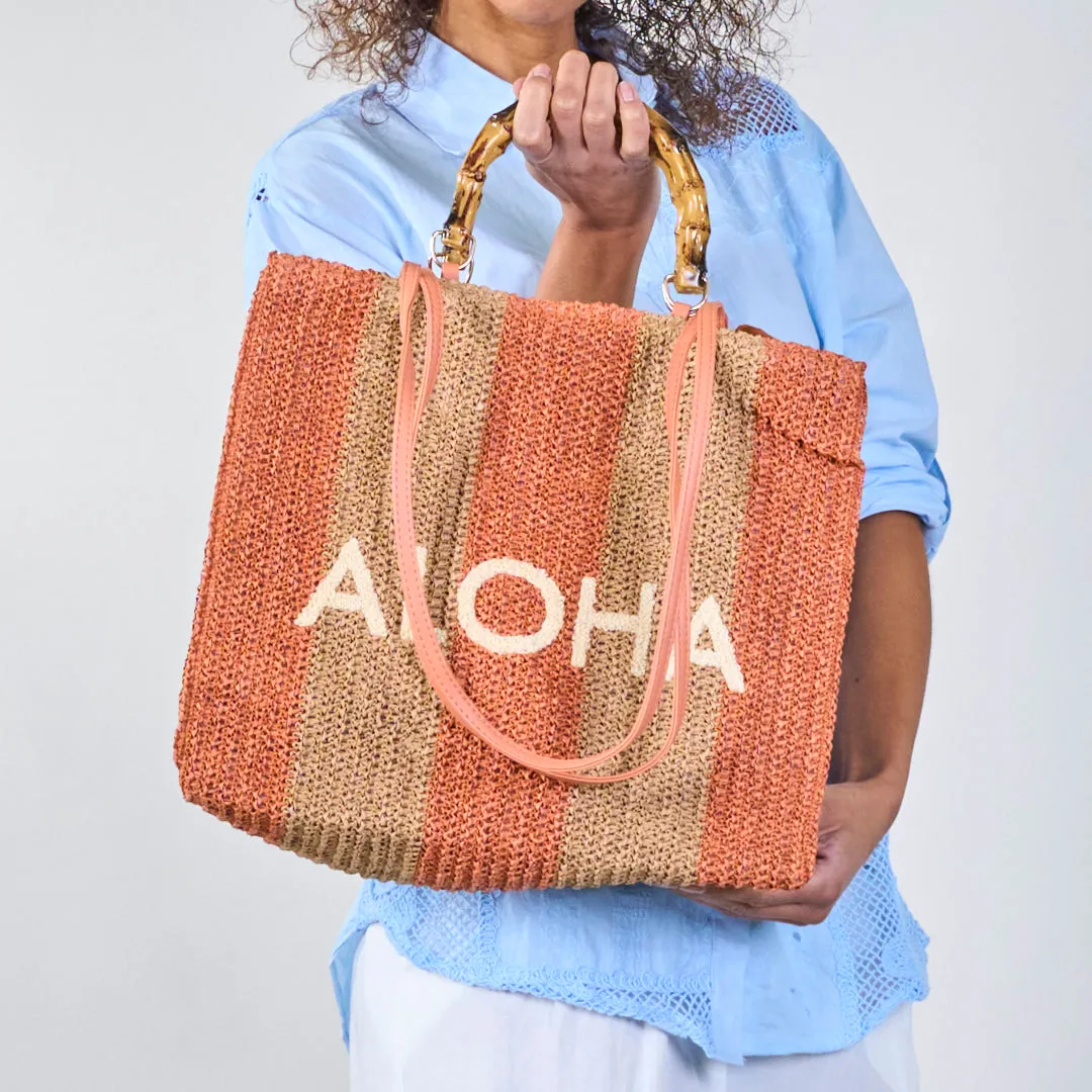 Striped crochet tote bags with "ALOHA" print wholesale