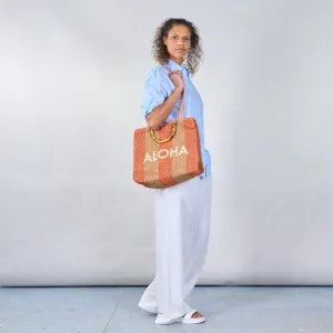 Striped crochet tote bags with "ALOHA" print wholesale