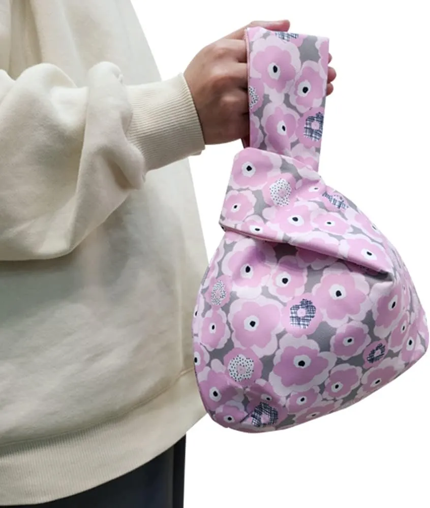 Stylish Cotton Japanese Pattern Wrist Bag Sleeve Knot Pouch Portable Canvas Tote Purse for Female, Women