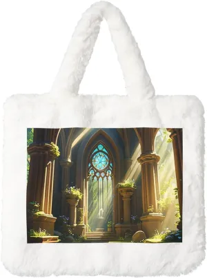 Sunlit Sanctuary Printed Plush Handbag, White Soft Faux Rabbit Fur Shoulder Bag for Women, Suitable for Autumn and Winter