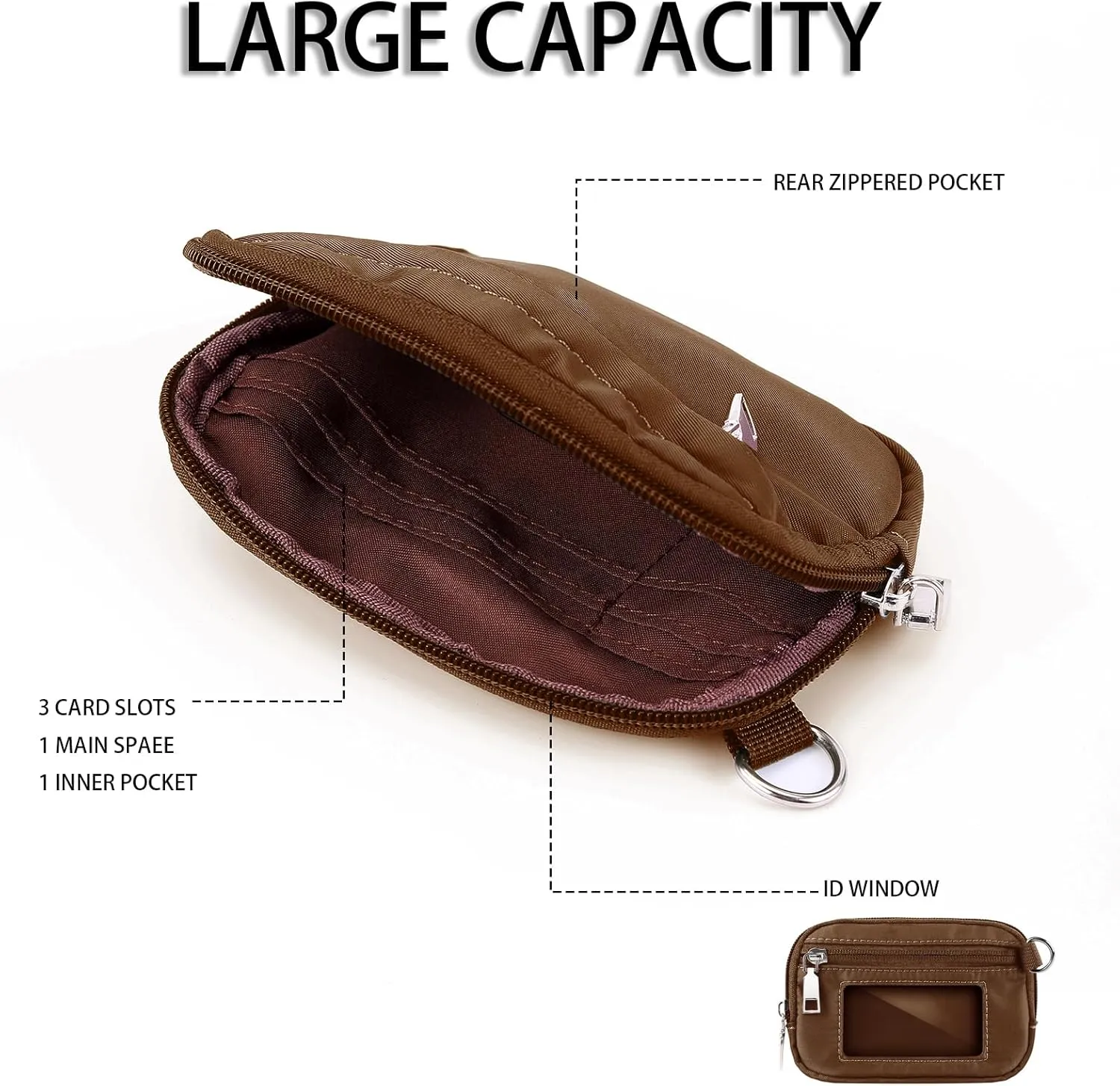 The Iris' Wallet, Women's Wristlet Handbags, Waterproof Nylon Keychain Wallet, Zip Card Case with ID Window (Brown)