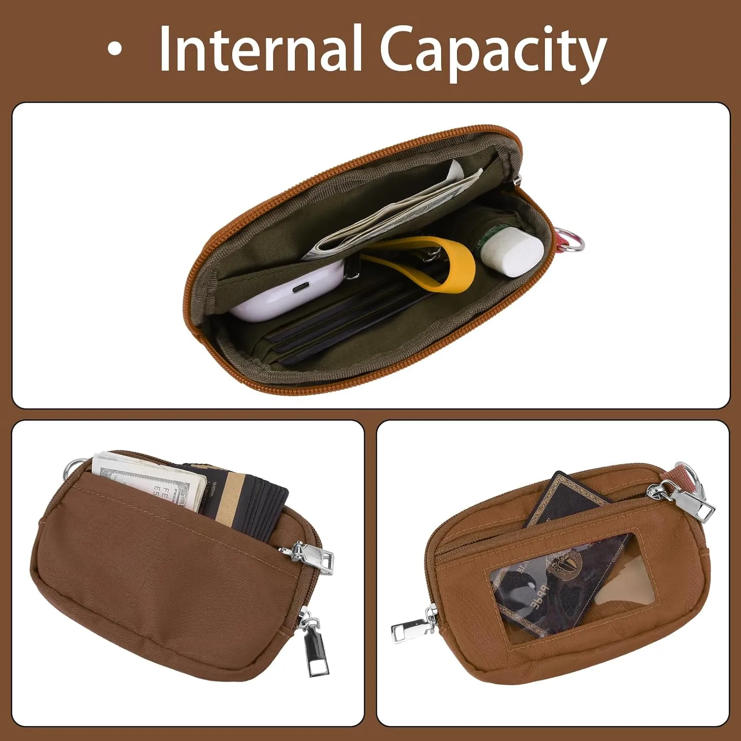 The Iris' Wallet, Women's Wristlet Handbags, Waterproof Nylon Keychain Wallet, Zip Card Case with ID Window (Brown)