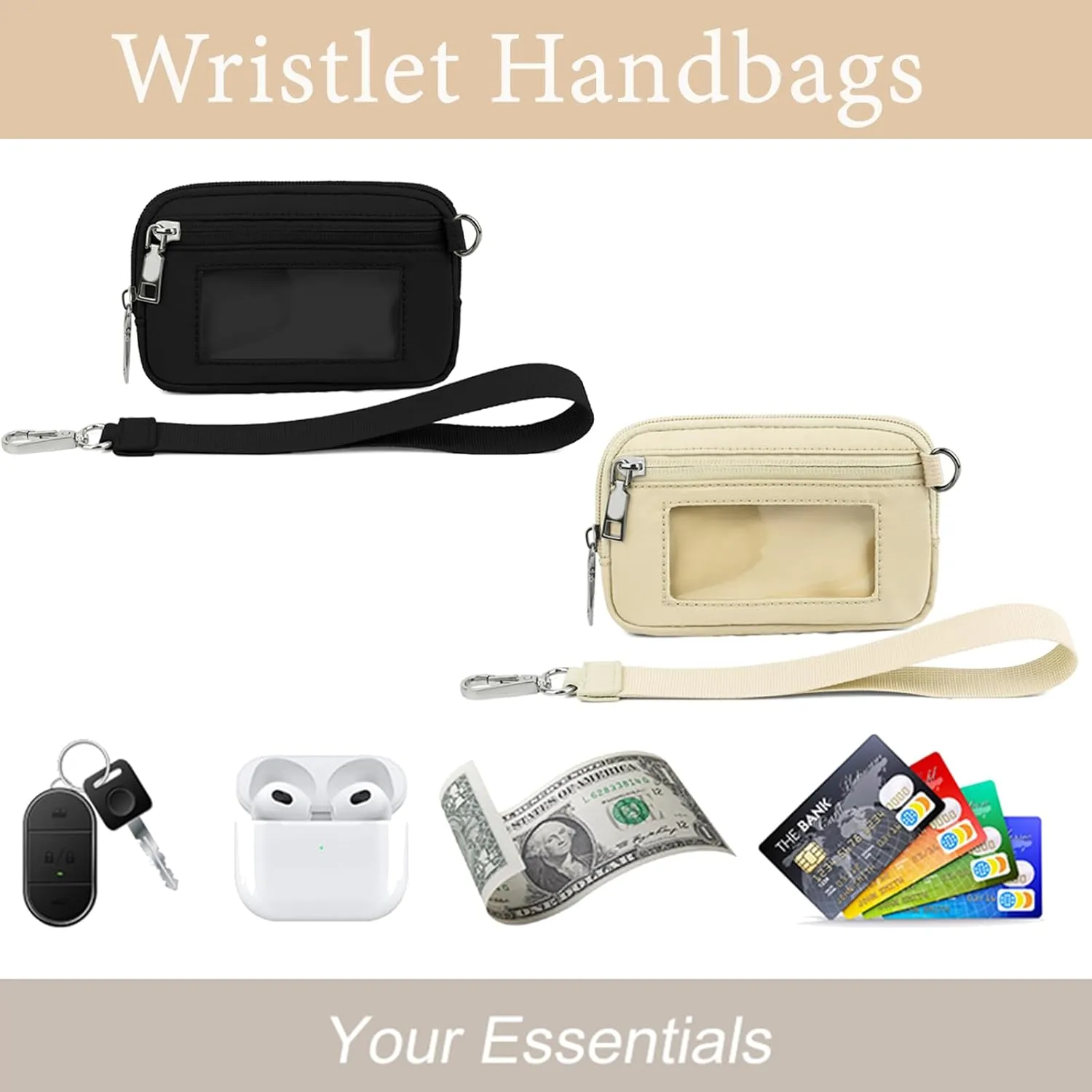 The Iris' Wallet, Women's Wristlet Handbags, Waterproof Nylon Keychain Wallet, Zip Card Case with ID Window (Brown)