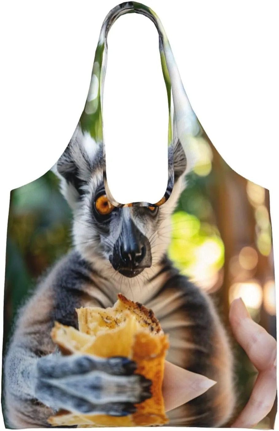 The lemur eating bread Handbag, lightweight medium-sized reusable grocery bag, canvas tote bag