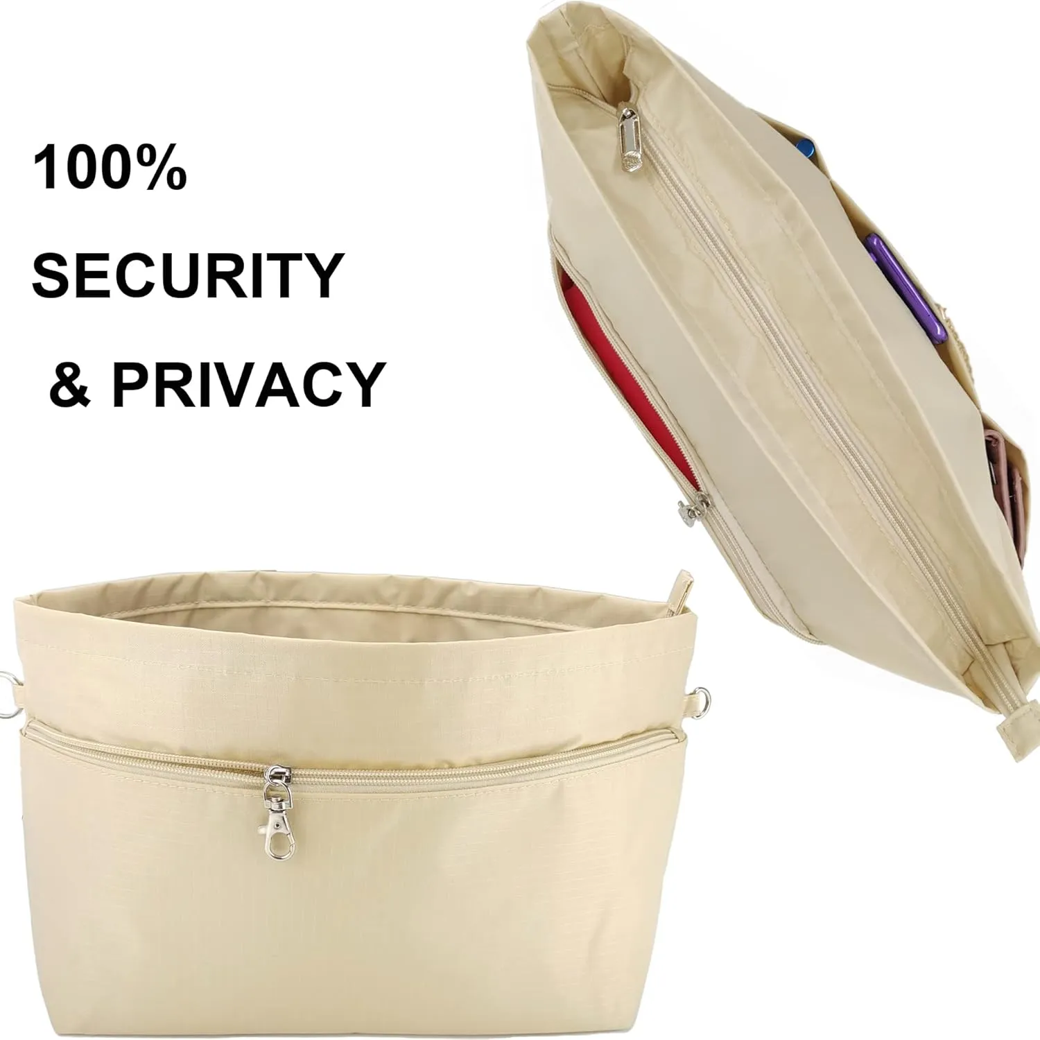 Time Wing Handbag Tote Purse Organizer Insert Bag Liner Shaper Divider Zipper 11 Pockets Compartments Large Beige