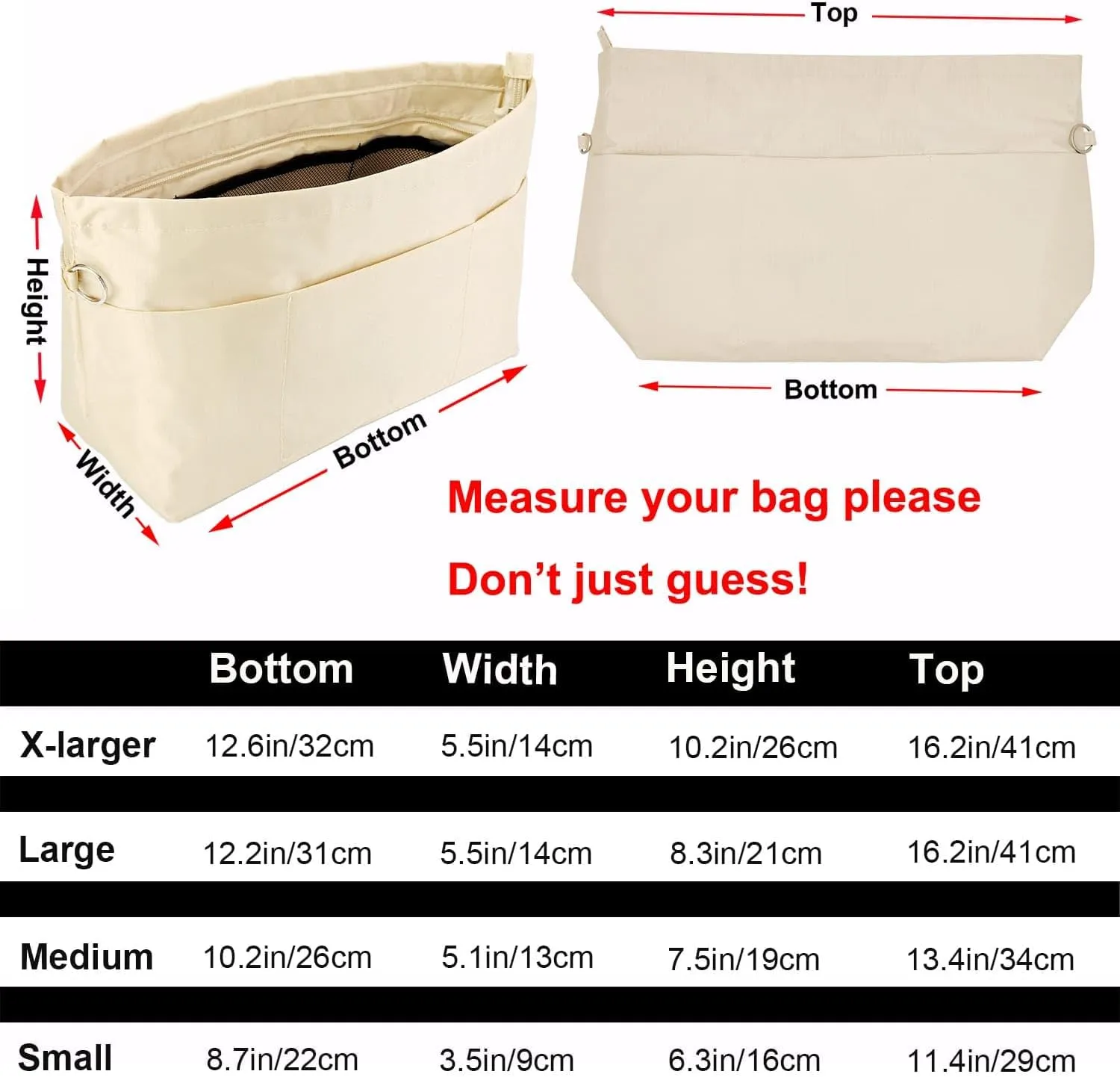 Time Wing Handbag Tote Purse Organizer Insert Bag Liner Shaper Divider Zipper 11 Pockets Compartments Large Beige
