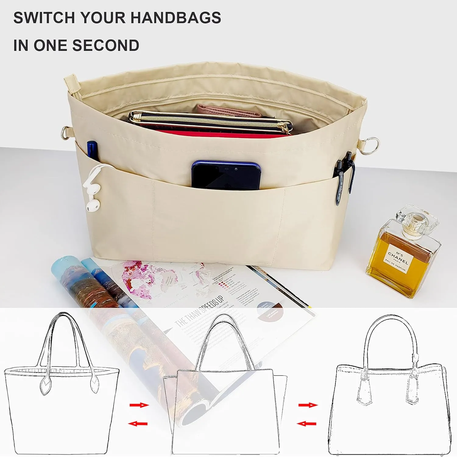 Time Wing Handbag Tote Purse Organizer Insert Bag Liner Shaper Divider Zipper 11 Pockets Compartments Large Beige