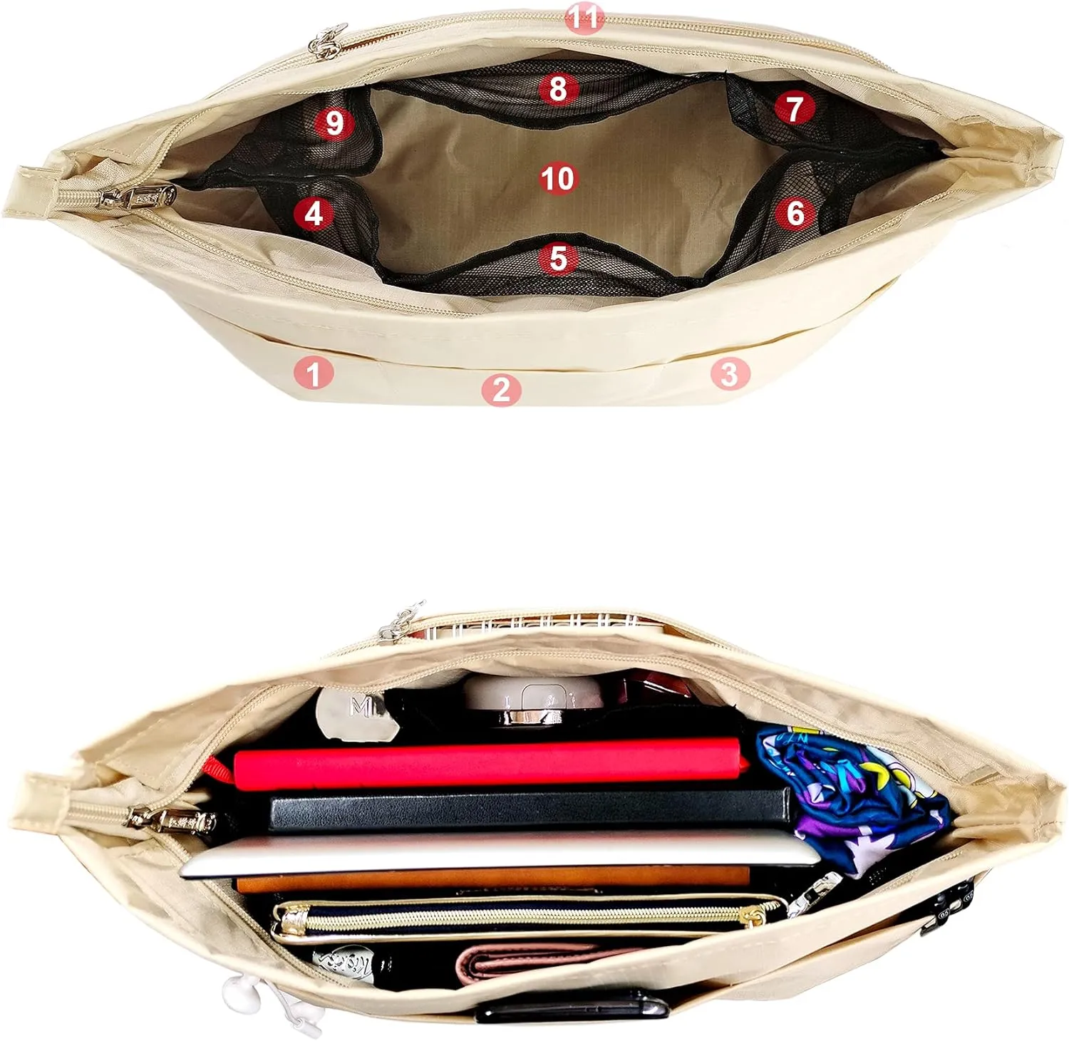 Time Wing Handbag Tote Purse Organizer Insert Bag Liner Shaper Divider Zipper 11 Pockets Compartments Large Beige