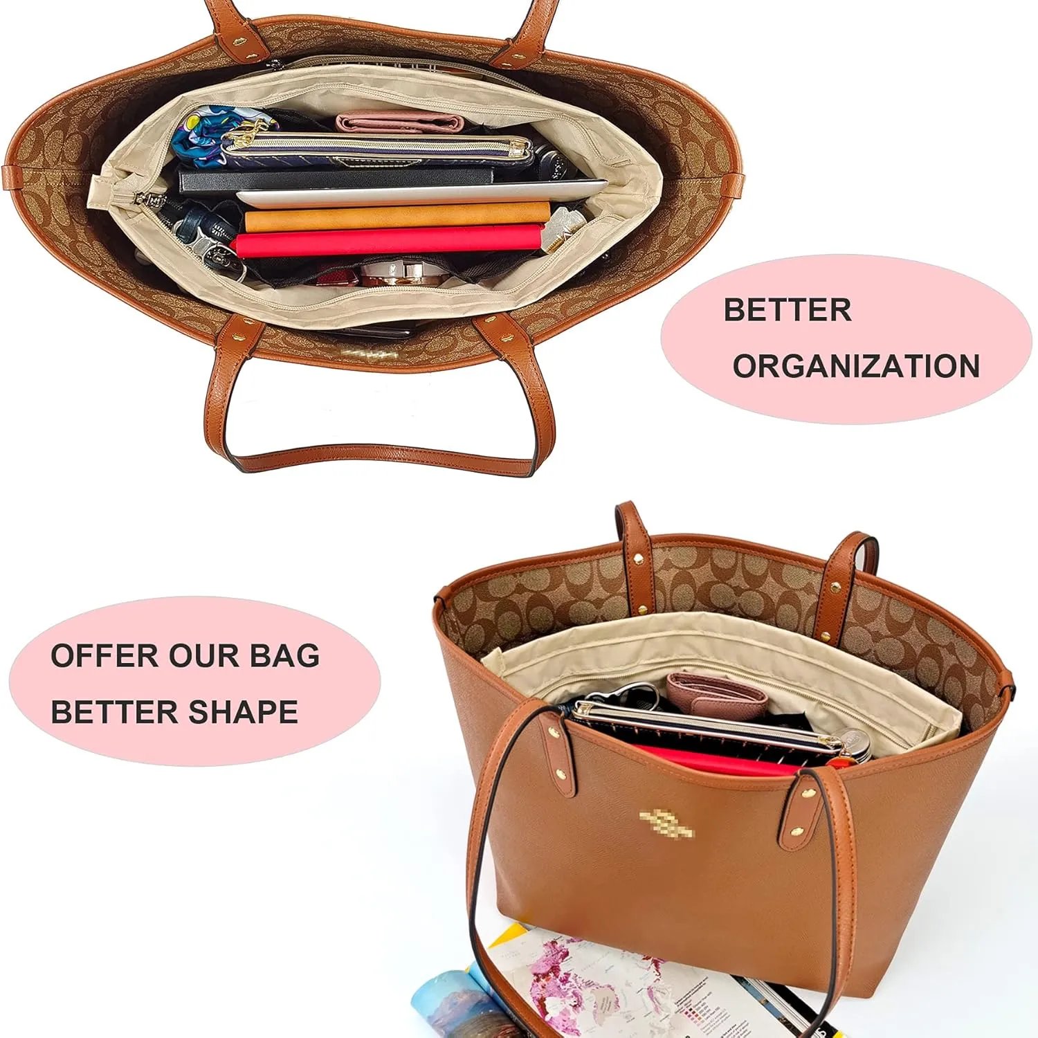 Time Wing Handbag Tote Purse Organizer Insert Bag Liner Shaper Divider Zipper 11 Pockets Compartments Large Beige