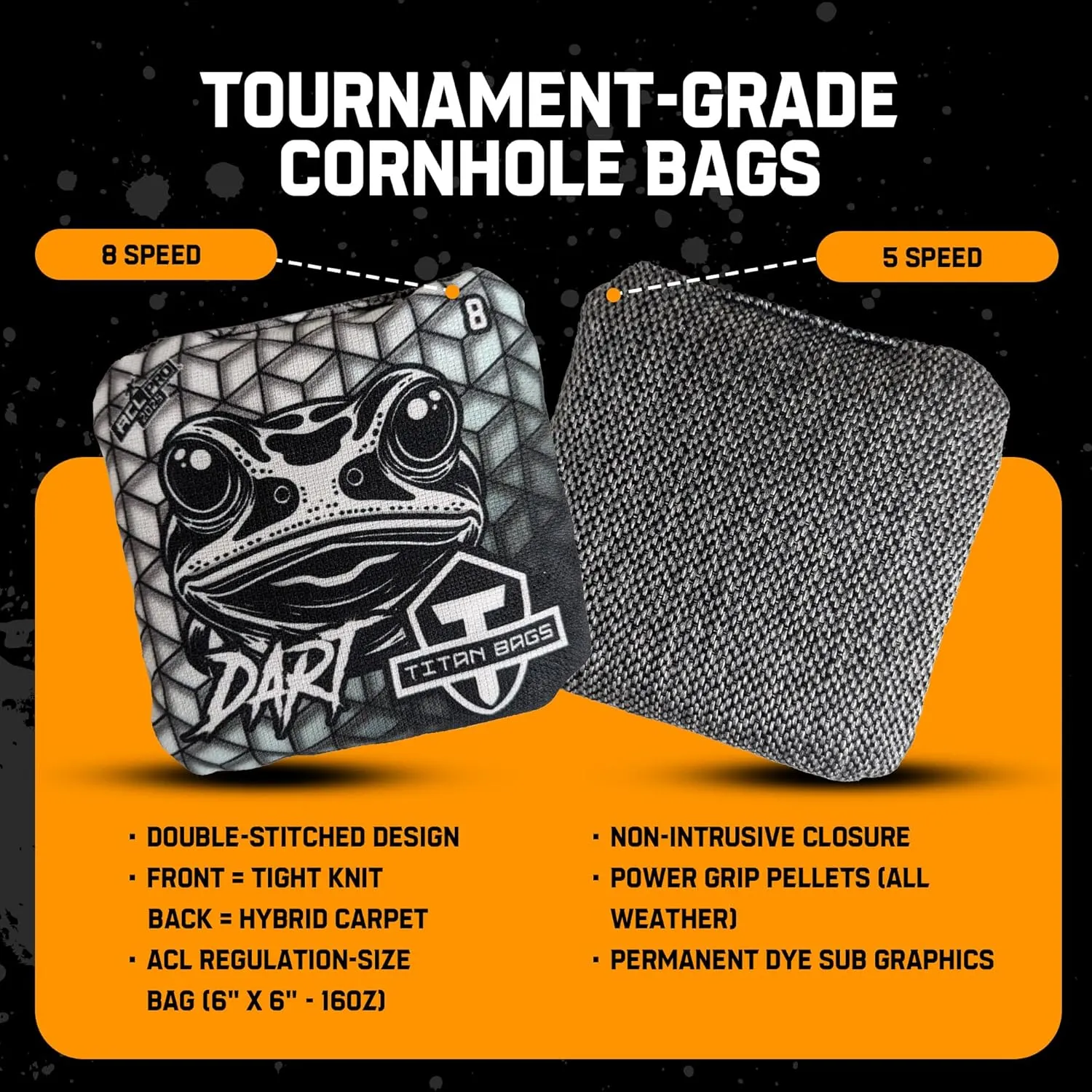 Titan Bags Dart Cornhole Bags – Regulation Cornhole Bean Bag with Hybrid Carpet for Strategic Shots, All-Weather Power Grip Pellets for Indoor and Outdoor Tossing – Geo Design, 6"x6", Pack of 4