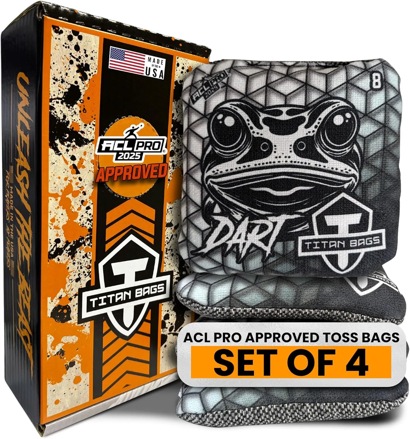Titan Bags Dart Cornhole Bags – Regulation Cornhole Bean Bag with Hybrid Carpet for Strategic Shots, All-Weather Power Grip Pellets for Indoor and Outdoor Tossing – Geo Design, 6"x6", Pack of 4