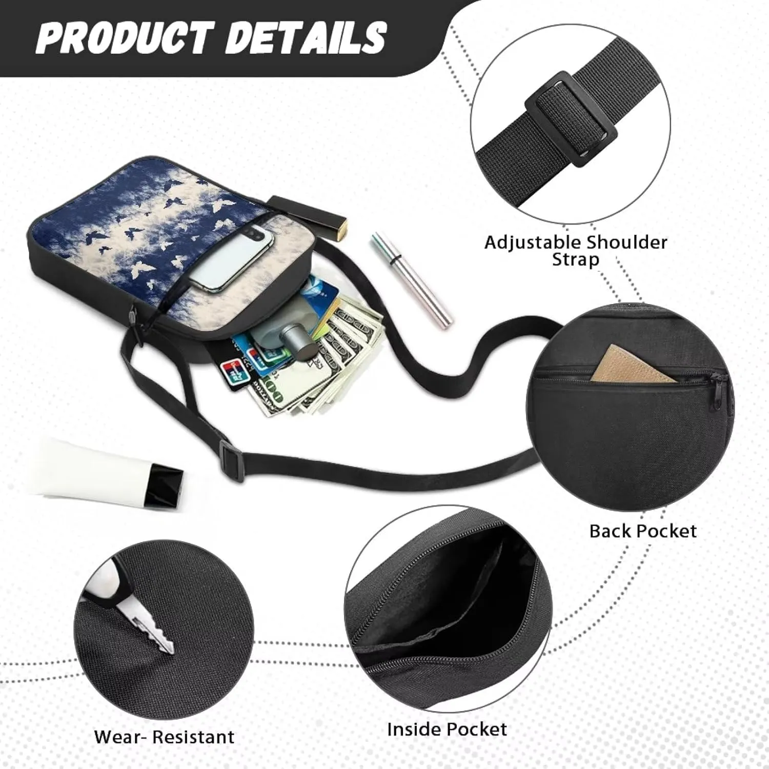 TODIYADDU Messenger Bag for Women Men Small Crossbody Purse with Adjustable Strap Travel Shoulder Bag Lightweight Handbags