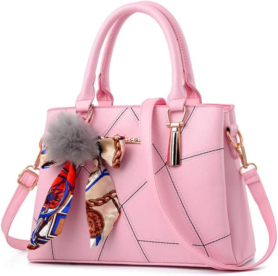 Top-handle Handbags Purse Soft PU Leather Crossbody Shoulder Bag Satchel with Bowknot Plush Ball Pendant