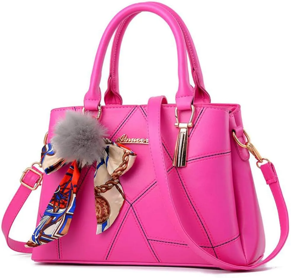 Top-handle Handbags Purse Soft PU Leather Crossbody Shoulder Bag Satchel with Bowknot Plush Ball Pendant