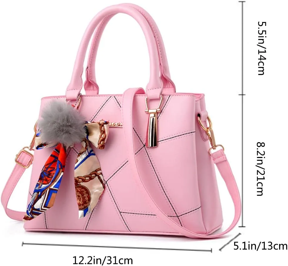 Top-handle Handbags Purse Soft PU Leather Crossbody Shoulder Bag Satchel with Bowknot Plush Ball Pendant