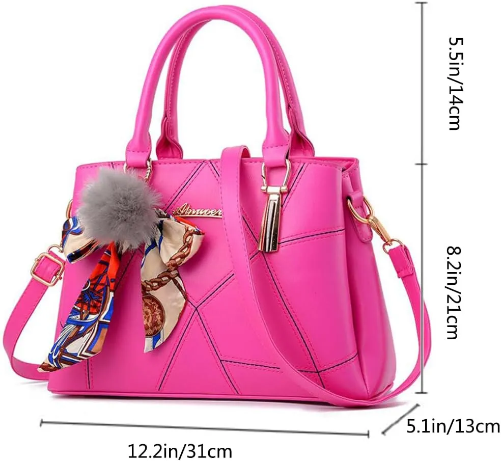 Top-handle Handbags Purse Soft PU Leather Crossbody Shoulder Bag Satchel with Bowknot Plush Ball Pendant